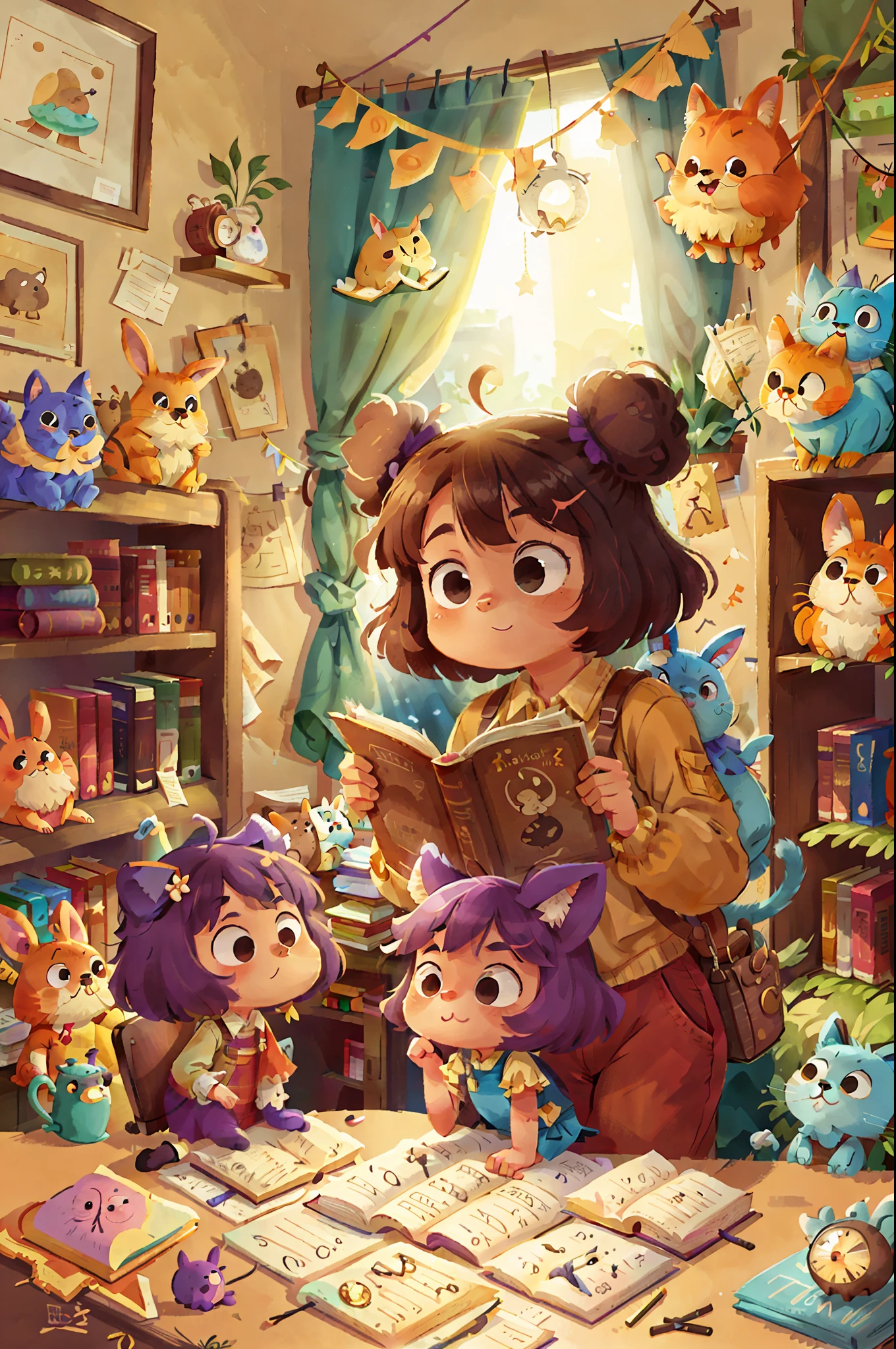 Lila and the talking cat and rabbit find the treasure: a room full of books of all shapes and sizes. They marvel at the diversity of stories and share reading moments together.