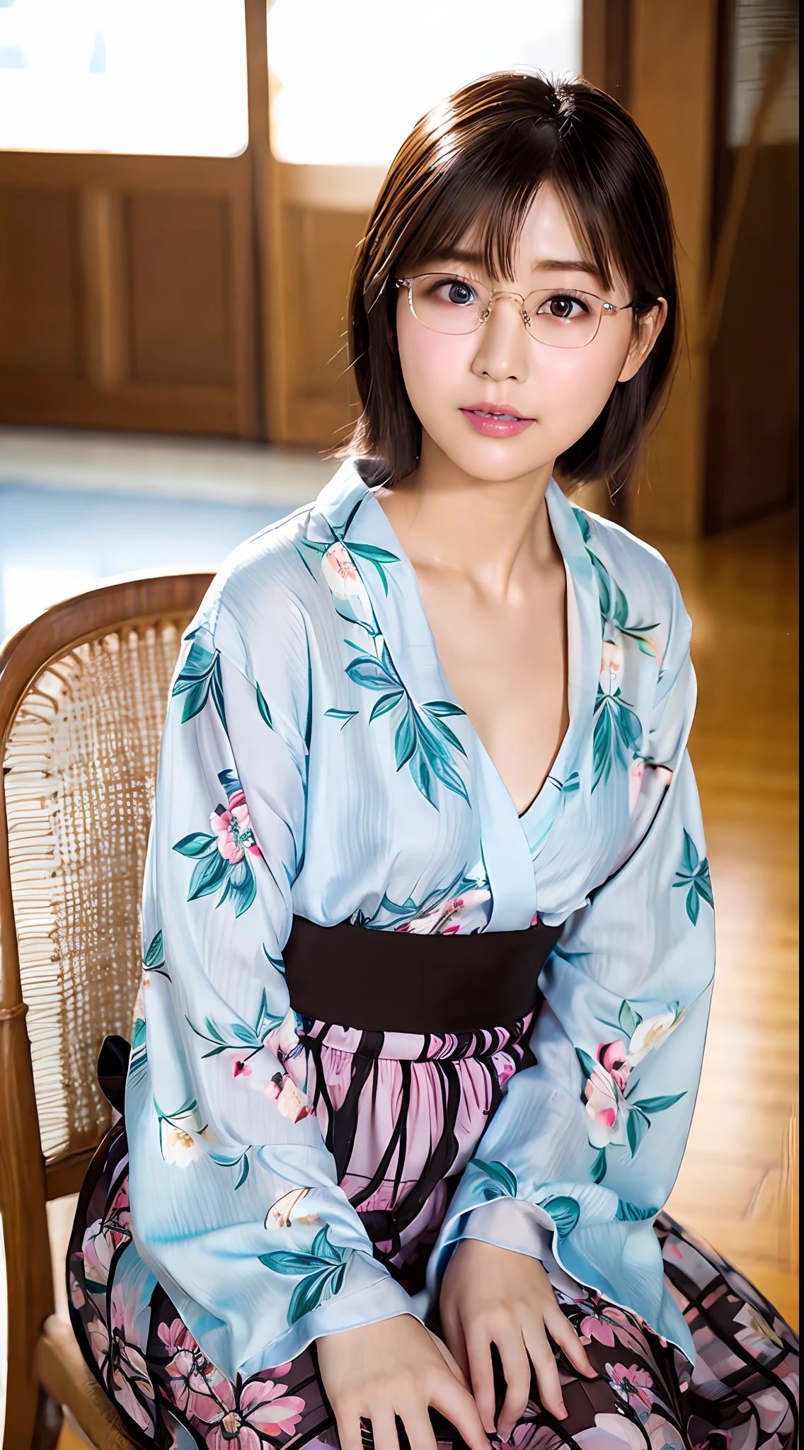 (yinchuan:1.5), close-up, masterpiece, best quality, raw photo, photorealistic, (((Small breasts: 2.0))), cleavage, beautiful face, soft smile, 20-year-old girl, light pink yukata, floral yukata, ((sits on a chair, beautiful legs visible)))), night, depth of field, high resolution, ultra detail, fine detail, highly detailed, highly detailed eyes and face, Sharp Pupils, Realistic Pupils,((Round Brown Glasses)), areola slip, Dark Blonde Very Short Hair,((Full body)), from below, Panty Shot, Mantilla, Dark pubic Hair, No Pantyhose, No Bra