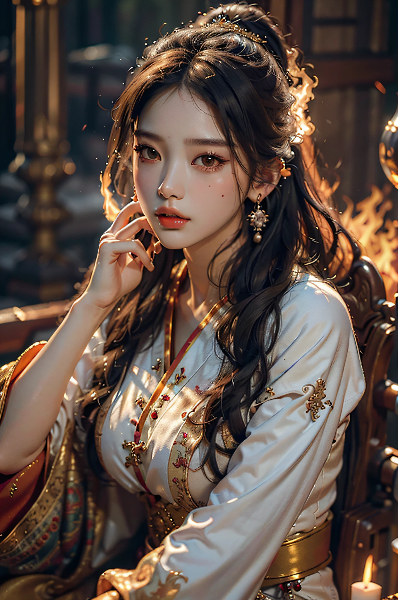 Best quality,masterpiece,ultra high res,(photorealistic:1.4)1girl,beautiful_face,detailed skin,full body,yuhuoshu,jewelry,solo,earrings,(fire:1.3),blurry,realistic,lips,