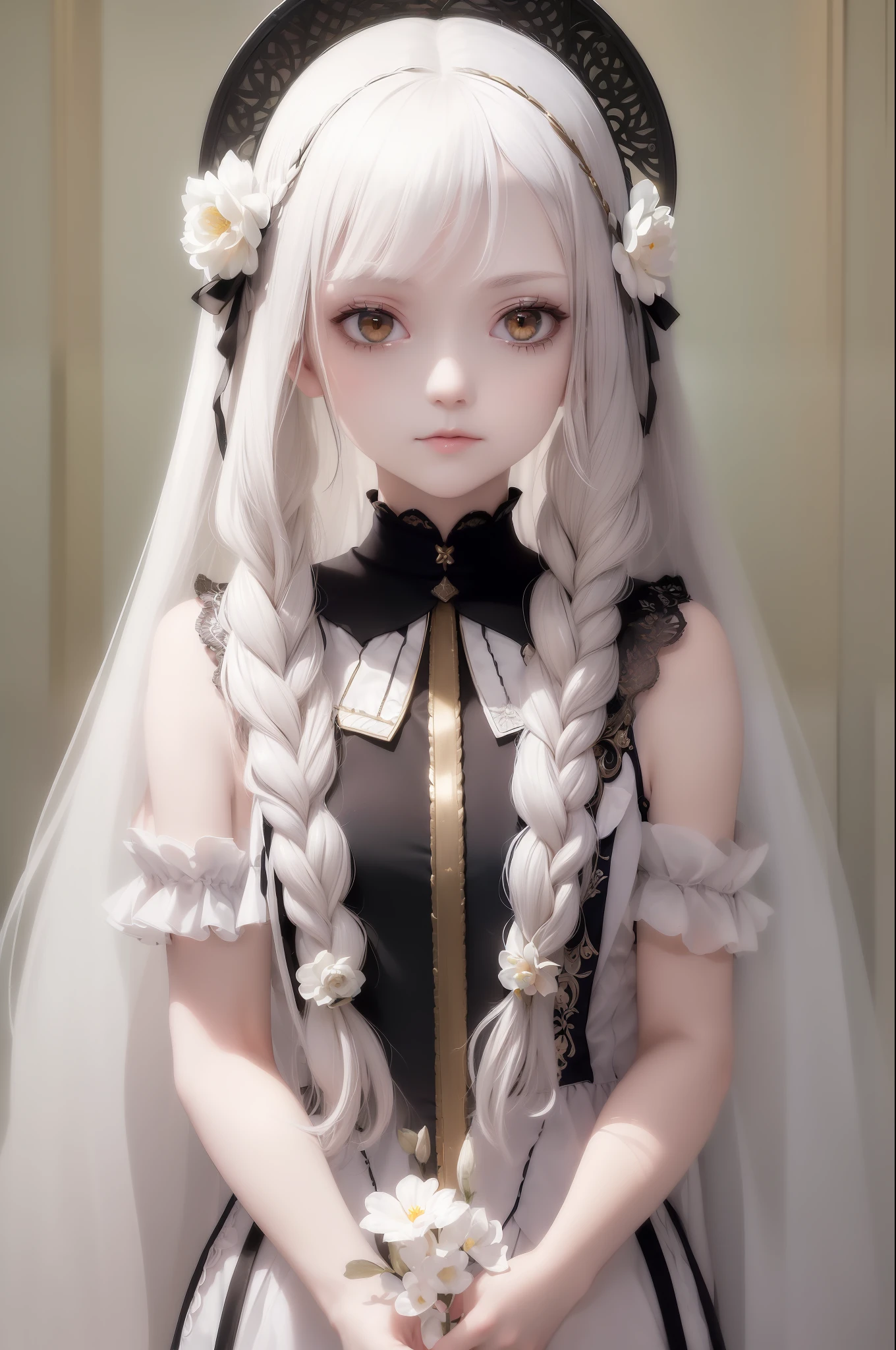 (((Excellent, Masterpiece))), Gray Hair, ((Golden Eyes)), ((Delicate Gothic White)), ((Slight Head-up)), Upper Body, ((Hair)), ((Fair Skin)), Side Braids, ((Flower-filled Prairie)), Sunny