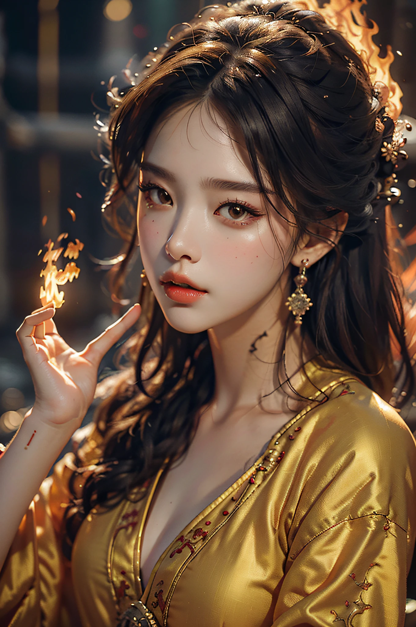 Best quality,masterpiece,ultra high res,(photorealistic:1.4)1girl,beautiful_face,detailed skin,full body,yuhuoshu,jewelry,solo,earrings,(fire:1.3),blurry,realistic,lips,
