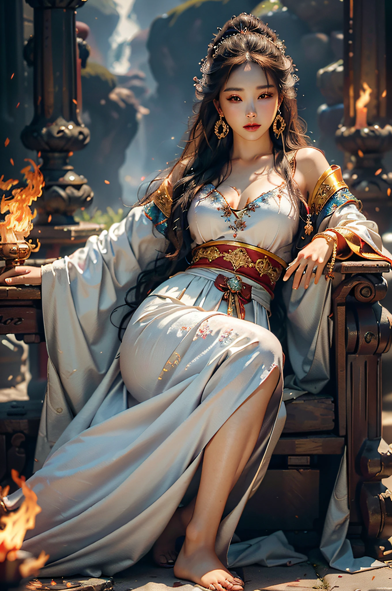 Best quality,masterpiece,ultra high res,(photorealistic:1.4)1girl,beautiful_face,detailed skin,full body,yuhuoshu,jewelry,solo,earrings,(fire:1.3),blurry,realistic,lips,