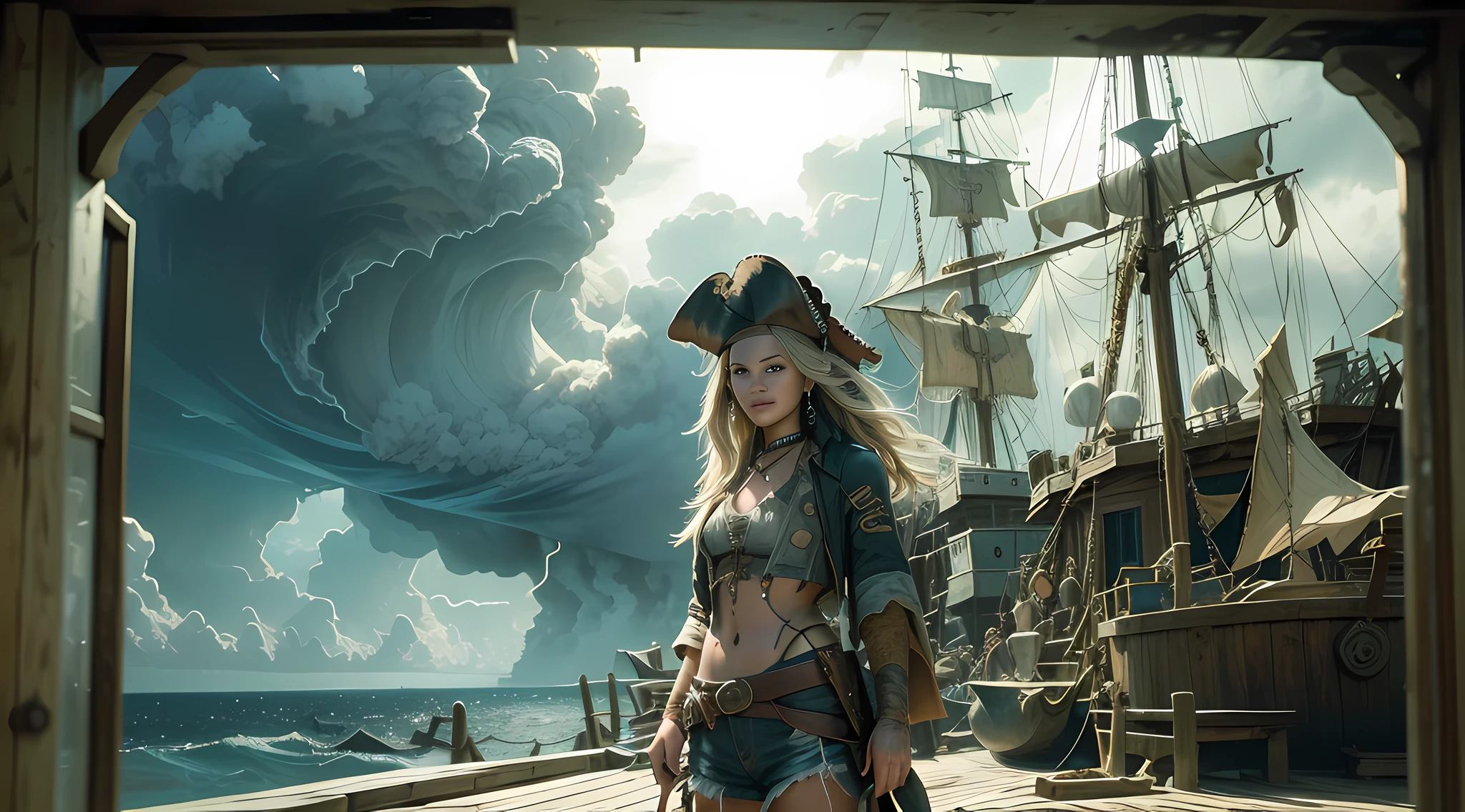 Dramatic lighting, high-quality film stills (charming Anne Bonnie, wearing dirty tattered pirate clothes, standing on the deck of a pirate ship moored in a Caribbean port), dirty, dark atmosphere, toned body, (torn clothes: 0.8), perfect face looking at the audience, [fine skin], [freckles], (dirty), (muddy), (storm cloud: 0.7), (storm weather: 0.5), dim natural light, (Direct light: 0.4), 8mm film grain, shot with Sony a9 II, 24mm lens, f/2.8 aperture, deep focus, (RAW), 8K, (stills from the lost pirate kingdom) (suitable pose)