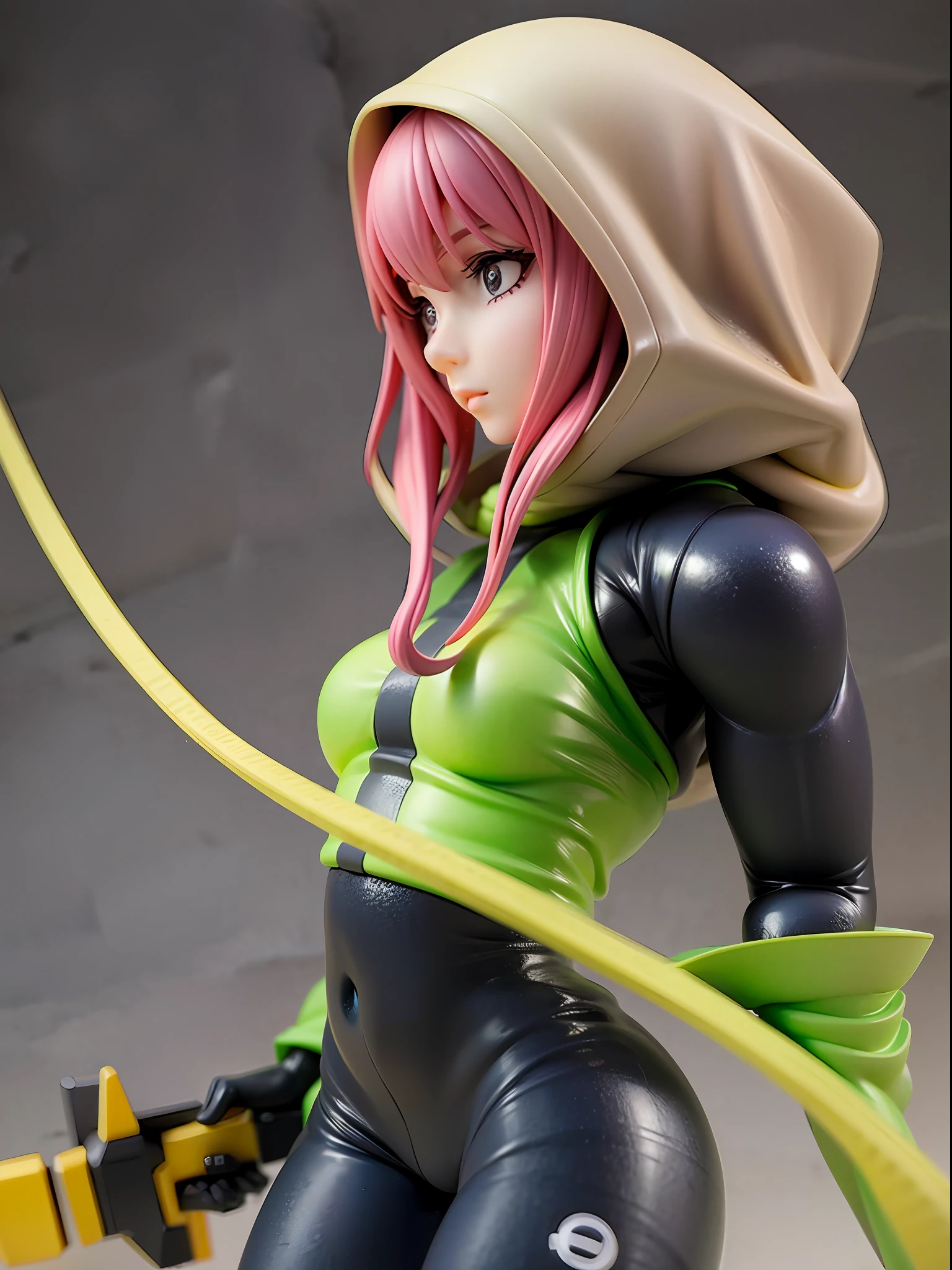 Girl, wearing a hood, neon color, holding a weapon, machine, white background, no background,