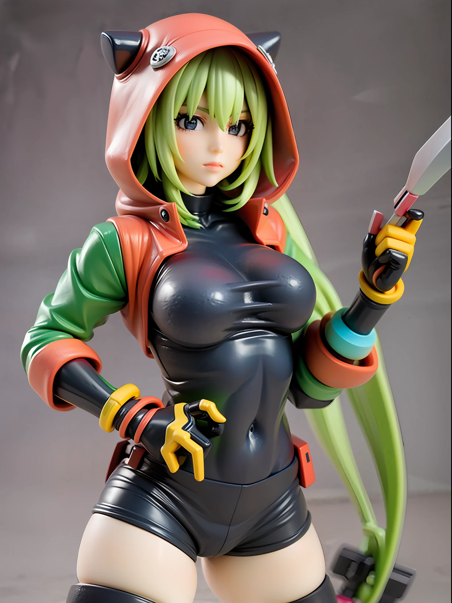 Girl, wearing a hood, neon color, holding a weapon, machine, white background, no background,