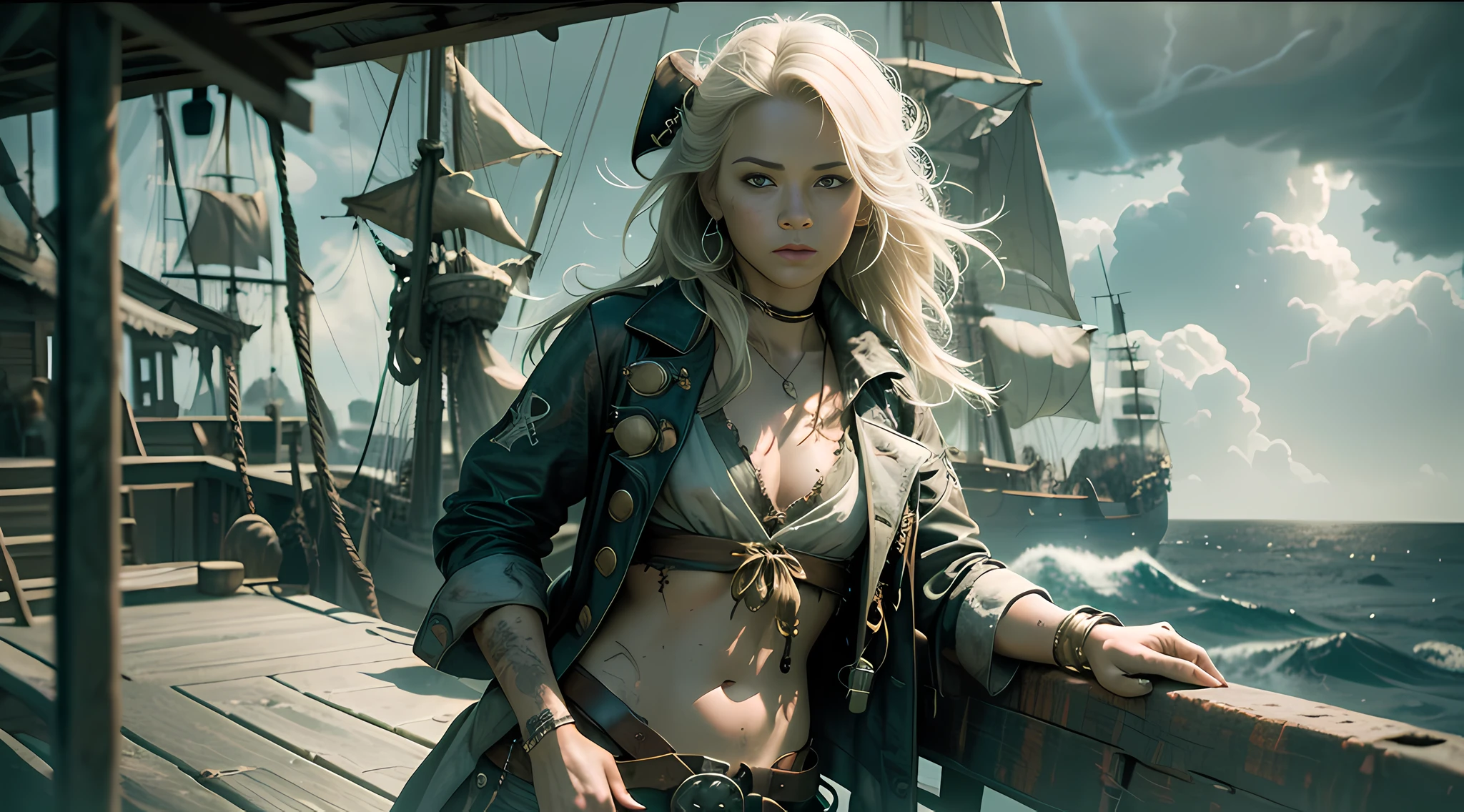 Dramatic lighting, high-quality film stills (charming Anne Bonnie, wearing dirty tattered pirate clothes, standing on the deck of a pirate ship moored in a Caribbean port), dirty, dark atmosphere, toned body, (torn clothes: 0.8), perfect face looking at the audience, [fine skin], [freckles], (dirty), (muddy), (storm cloud: 0.7), (storm weather: 0.5), dim natural light, (Direct light: 0.4), 8mm film grain, shot with Sony a9 II, 24mm lens, f/2.8 aperture, deep focus, (RAW), 8K, (stills from the lost pirate kingdom) (suitable pose)