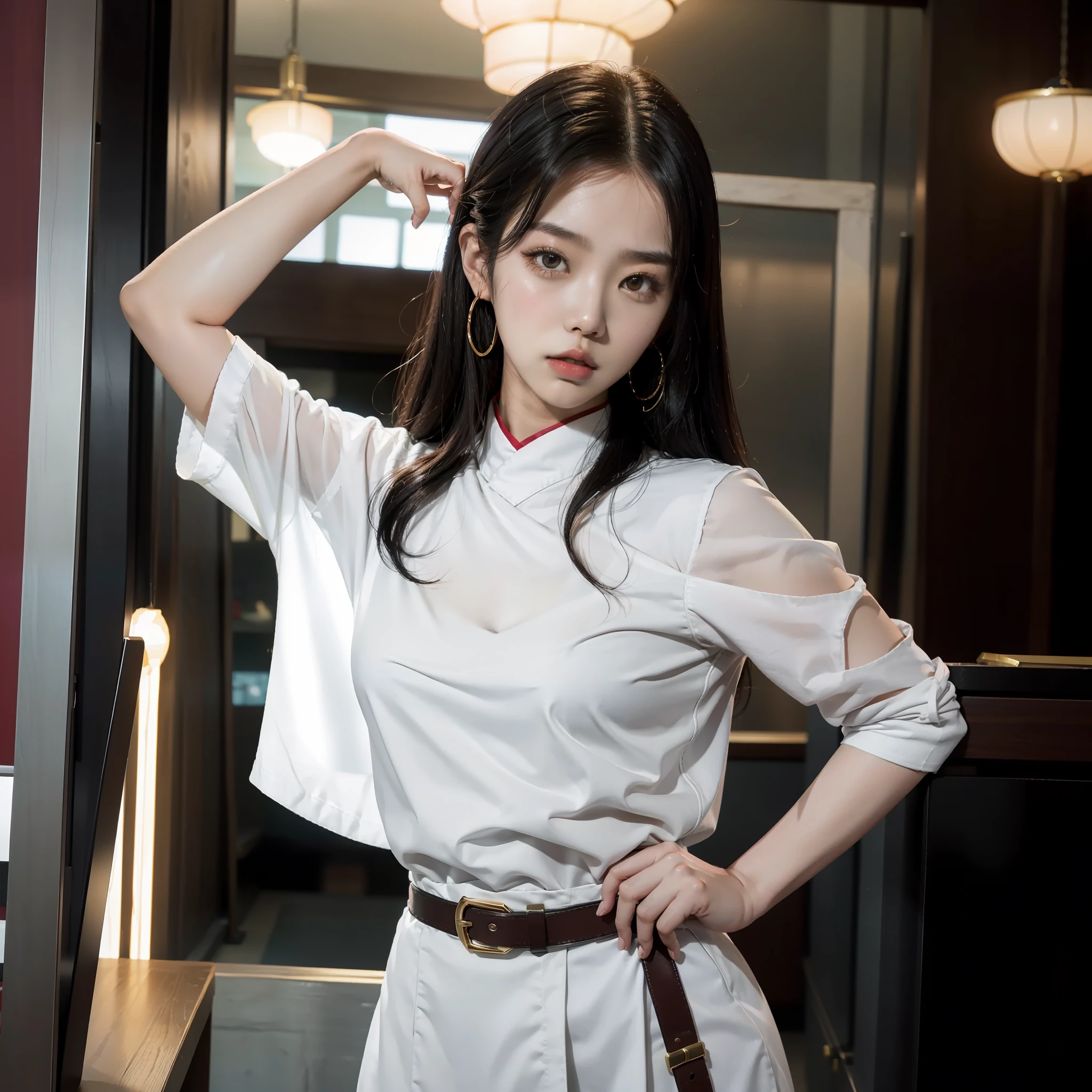araffe asian woman in a white shirt and black and red belt, beautiful south korean woman, korean girl, portrait of female korean idol, gorgeous young korean woman, beautiful young korean woman, korean woman, anime girl cosplay, 8k artgerm bokeh, sun yunjoo, iu lee ji-eun as a super villain, ayaka cosplay