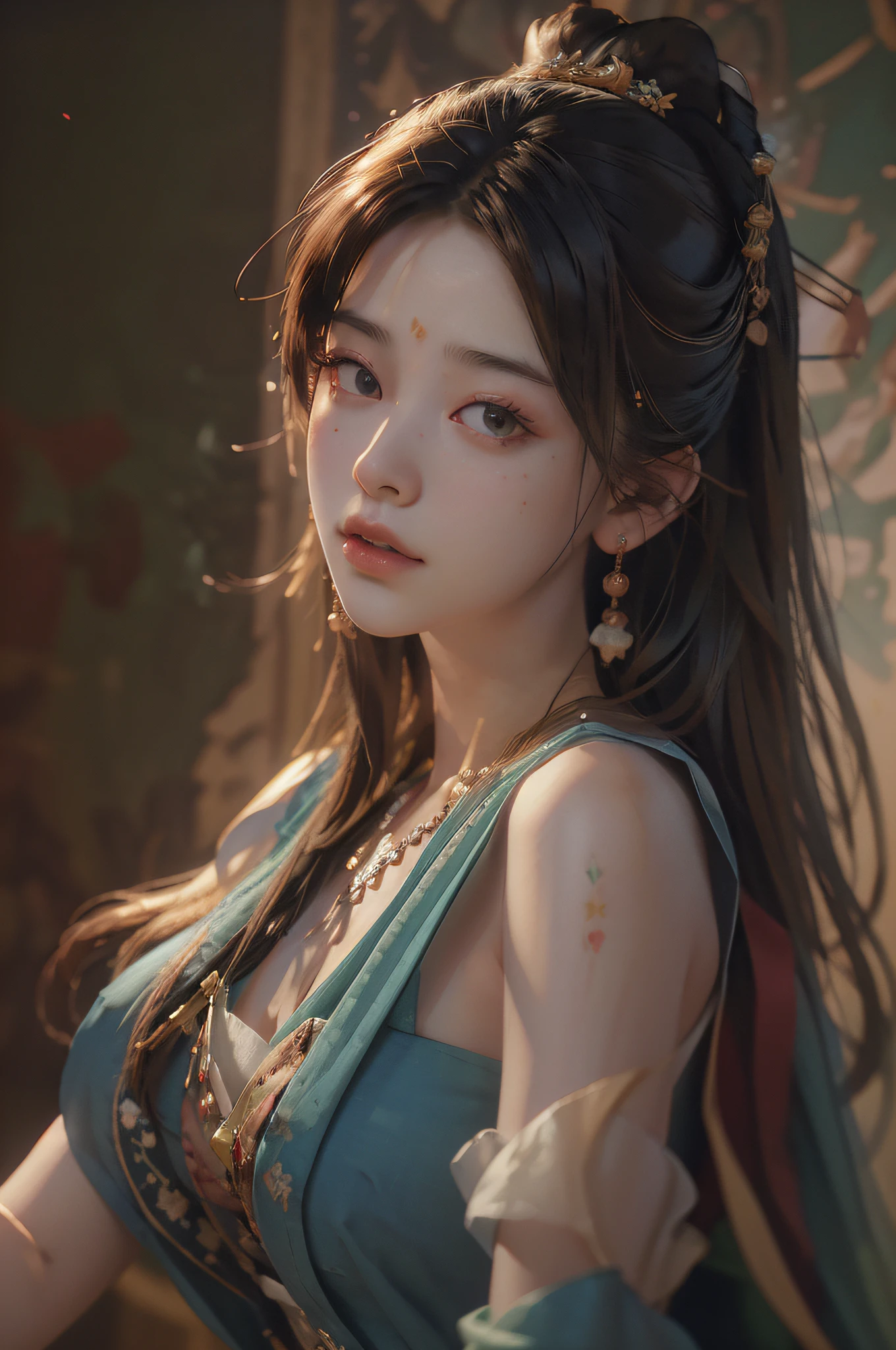 nsfw,(RAW photo, best quality),(realistic, photo-realistic:1.3),best quality,highly detailed,masterpiece,ultra-detailed,illustration,1girl,upper_body,dynamic angle,world masterpiece theater,messy_long_hair,best quality,extremely detailed CG unity 8k wallpaper,ink,Amazing,cinematic lighting,lens_flare,dunhuang_style,