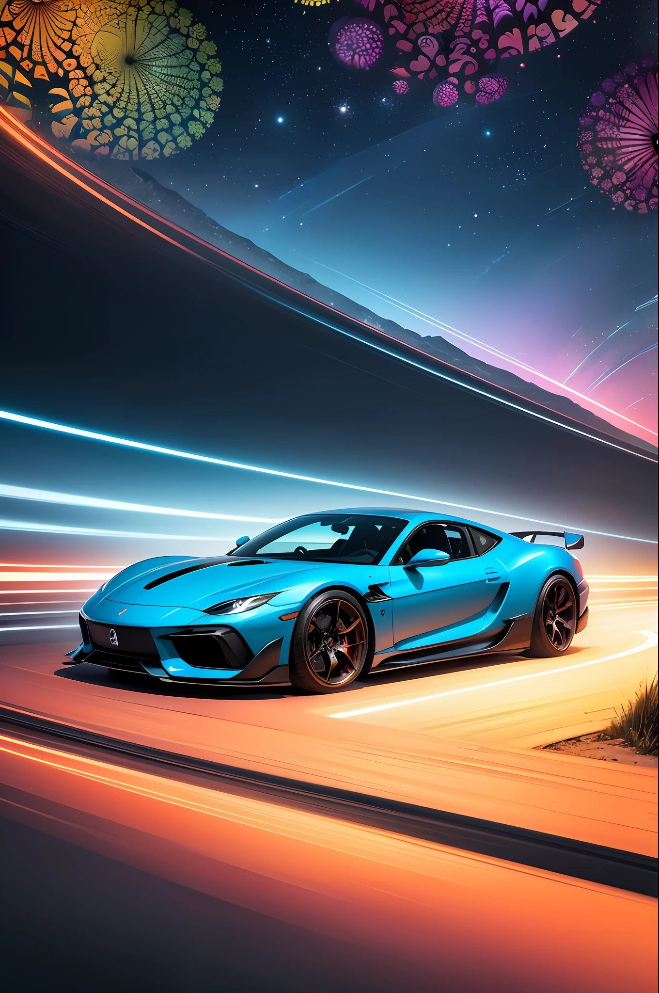 (masterpiece, superior quality, best quality, official art, beautiful and aesthetic:1.2), (1blue sports car), extremely detailed details, (fractal art:1.3), colorful, more detailed, HDR, stunning visuals, (dynamic streaks, light tracks:1.2), vibrant colors, slightly blurred movie scenery, vibrant and happy atmosphere.