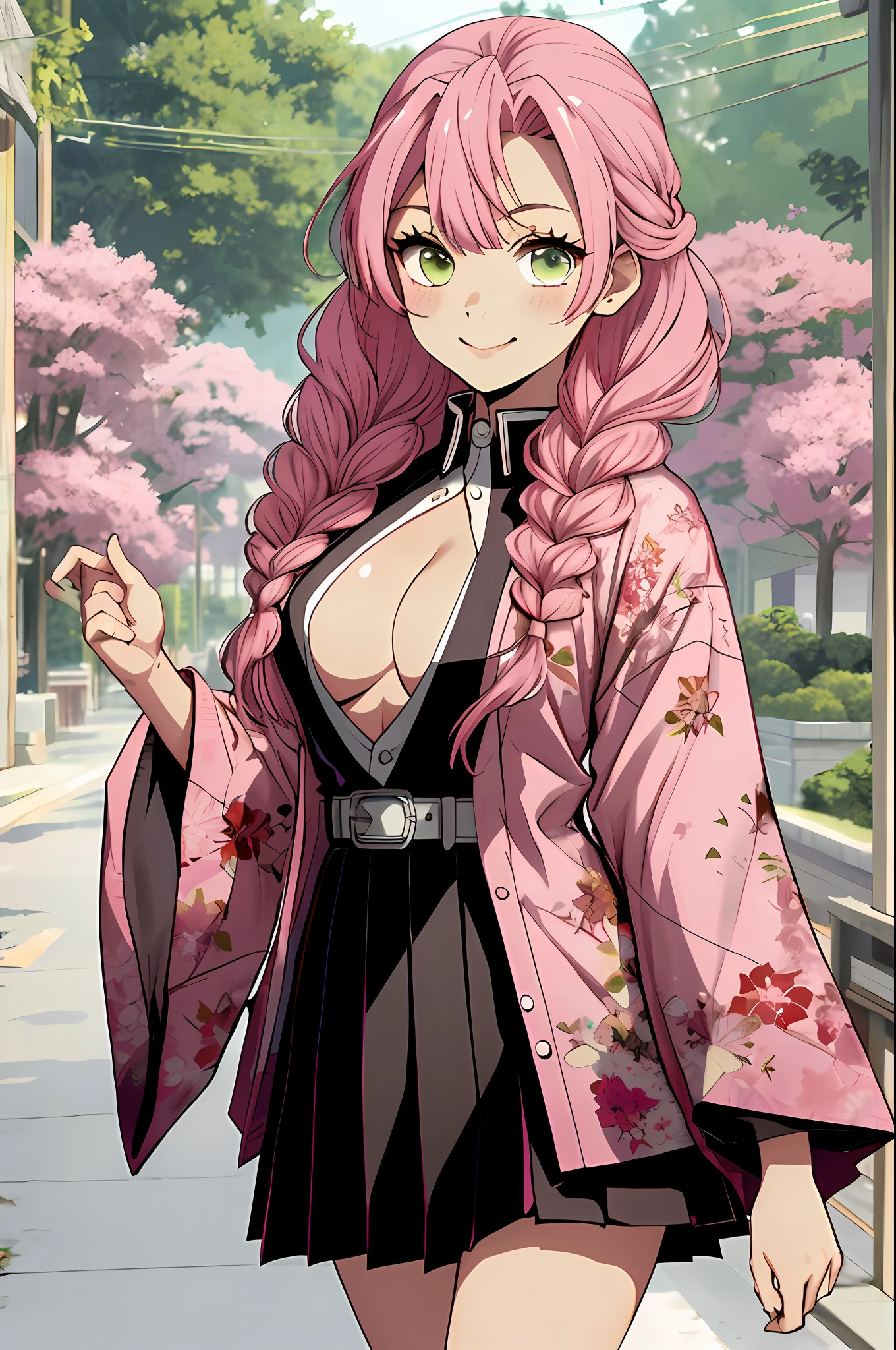 Mitsusato Kanji, super detailed, solo, demon slayer uniform, smile, long sleeves, watch viewer, kimono, breasts, hawei, cleavage, mouth closed, jacket, big, open clothes, skirt, belt, black skirt, pleated skirt, thigh, green thigh, volume lighting, intricate detail, sharp focus, hyper detail, greave bottom hair pink hair, pink hair, Glebe bottom hair, top quality, high resolution.