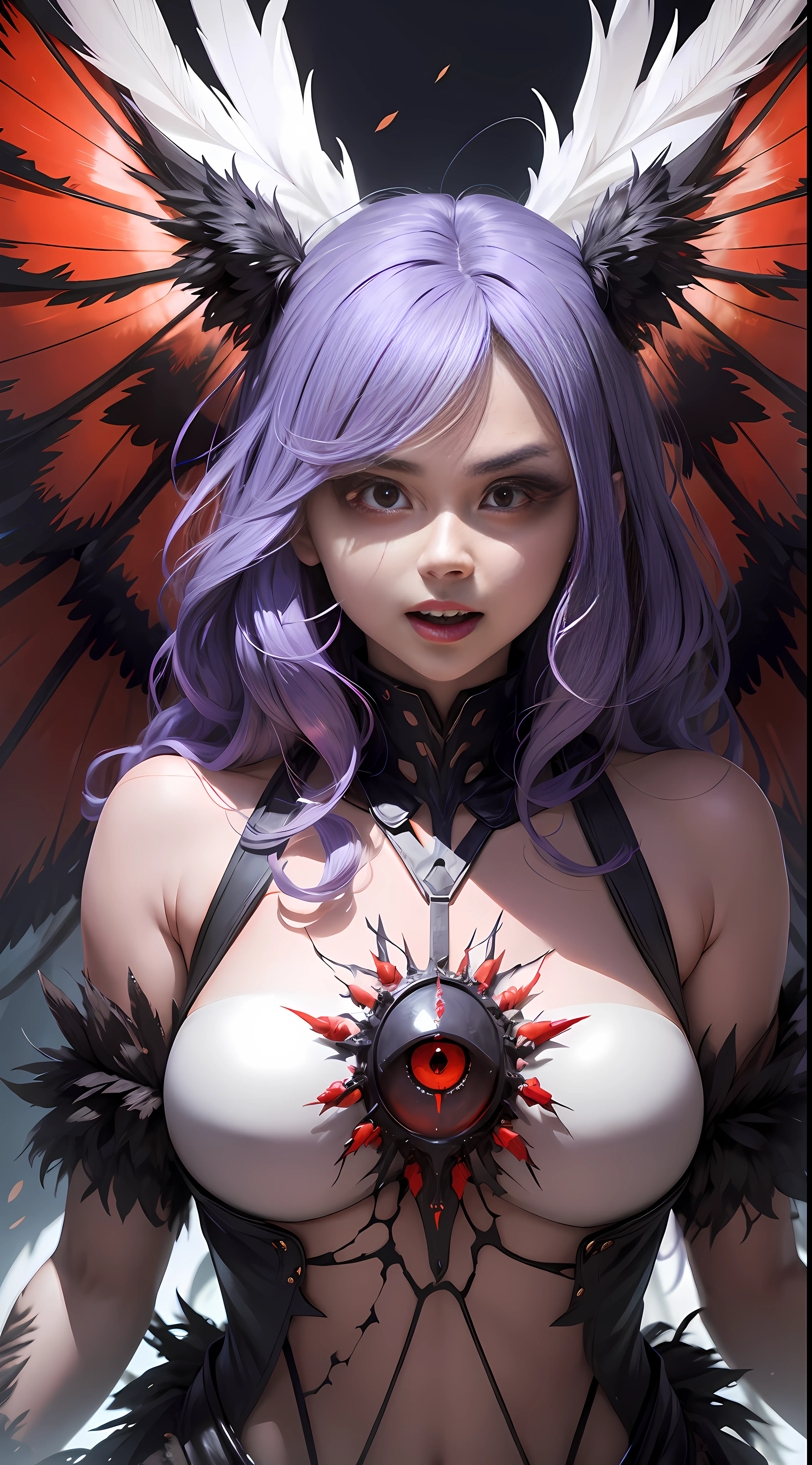 A humanoid monster with split corners of its mouth, sharp teeth, long tongue, sharp eyes, scarlet eyes, big eyes, arms turned into wings, feathers, hair. --auto --s2