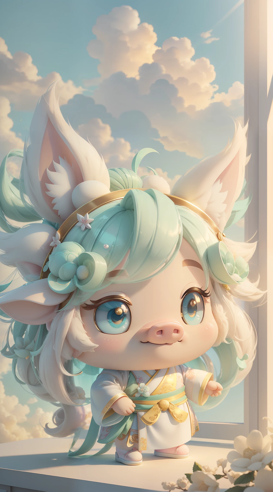 Pig, big ears, happy smile, (wearing Hanfu) furry, fluffy hair, soft ((best quality)), ((masterpiece)), (hair accessory)( extreme detail, highest detail, official art, beauty and aesthetics:1.2), depth of field, composition ( (whole body) ), (chibi), (beautiful and detailed eyes: 1.3), (very happy:1) (light mint green and gradient white), popmart blind box, clay texture, cloud decorative background, natural light, best quality, super detail, 3D Art, C4D, Blender, OC Renderer, 3D Rendering, 8K --auto --s2