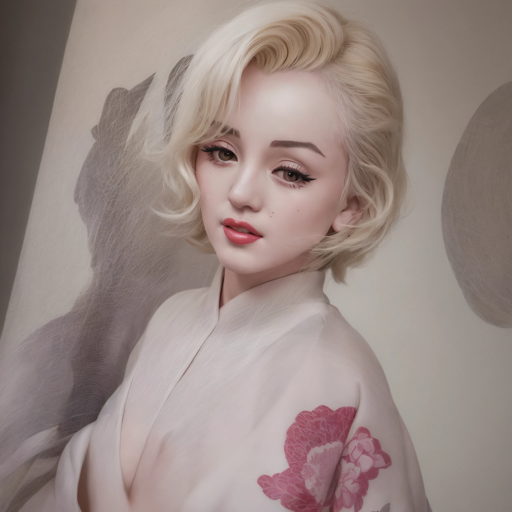 Woman wearing kimono with Japan traditional pattern, ((Beautiful Marilyn Monroe face: 1.3)), gentle expression, one woman, American woman, Japanese style, kimono, kimono, traditional person, model, kimono, Japanese style, Hanf, Shinsui Ito, Japan kimono, wearing kimono, white hanf, slender body, bewitching pose, (dark gray hair: 1.8), top quality, masterpiece, (adult: 1.6), (high definition skin: 1.4) ), (RAW photos, best quality), (realistic, photorealistic: 1.7), (sexual arousal, blush, rough breathing: 1.0)