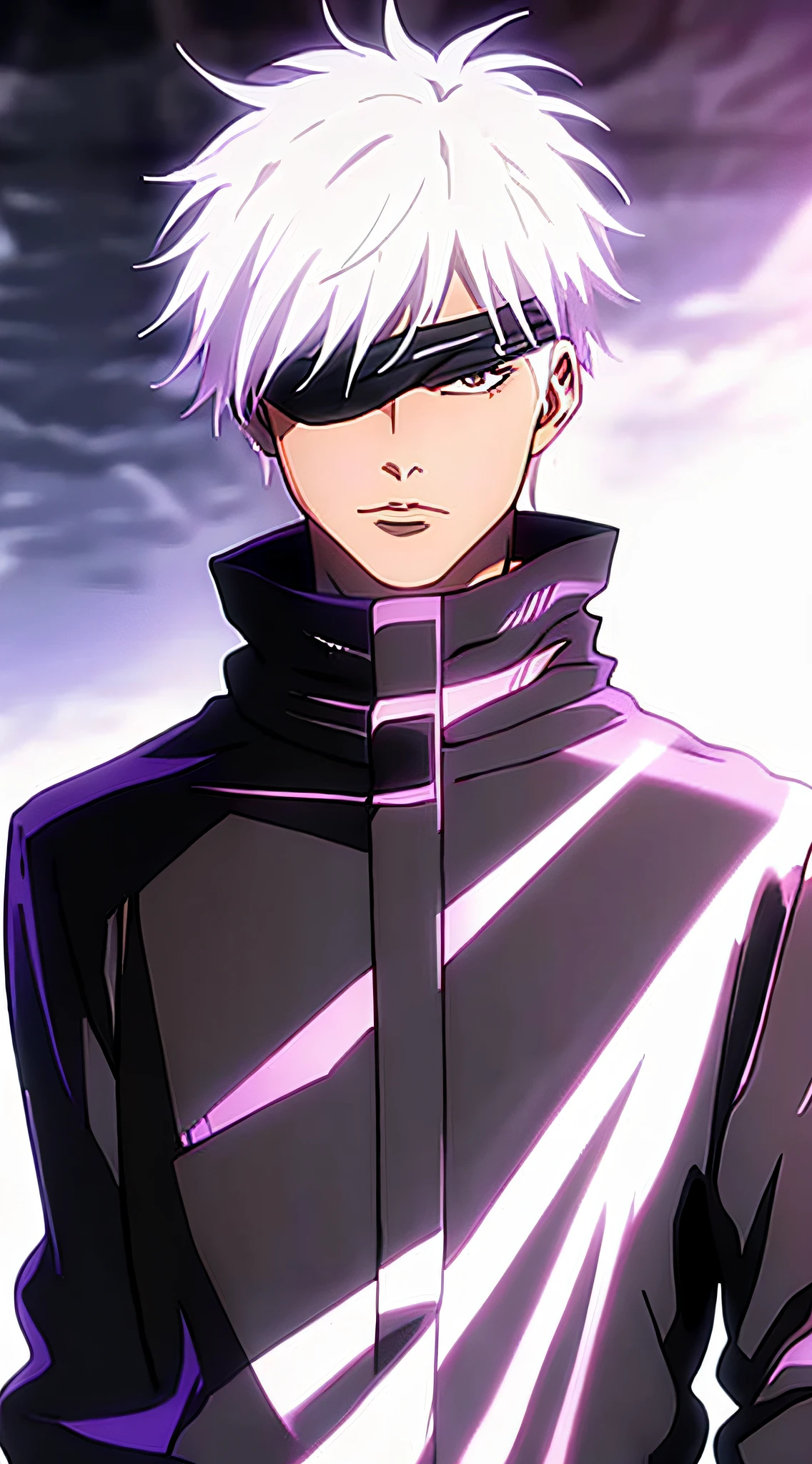best quality, masterpiece, highres, 1boy, male, solo, upper body, blindfold, black jacket, using his powers.