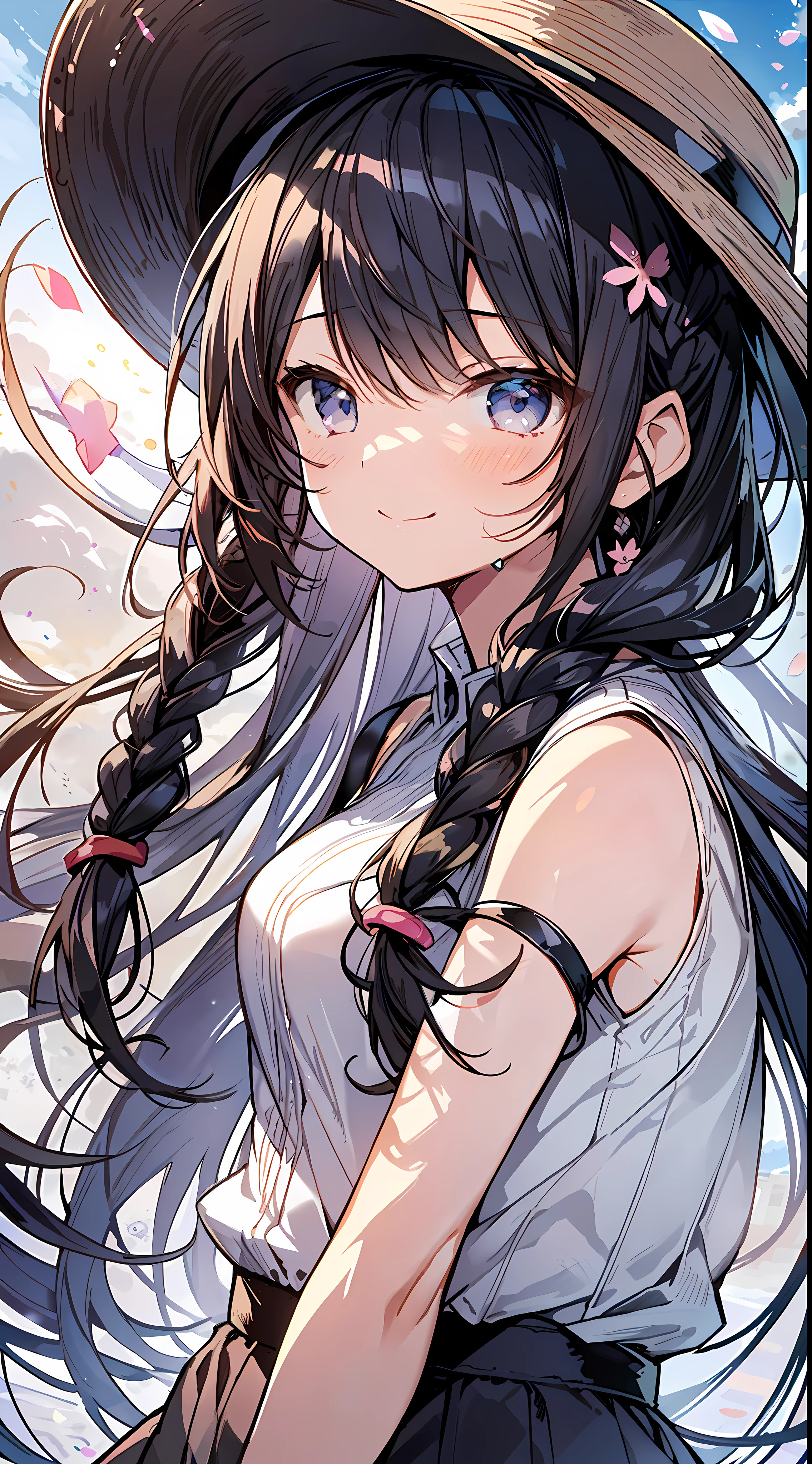 Top Quality, Masterpiece, Ultra High Definition, 8K, Summer Sky, Early Summer, (Hat, Wide Pants, Sleeveless), Shojo Manga Style Loli, One, Soft Line Art, Digital Enhancement, Shojo Manga Touch, Shojo Manga Core, Flowing Fabric, Close Up, (Hair length to shoulders and short braids)), Wet hair, Soft drawing, Fluffy, Soft, Beautiful black hair, Clear eyes, (( Gentle smile)), ultra-detailed digital anime art, clear face depiction, ultra-detailed shoujo manga character art, clear facial features, ultra-detailed manga style, top quality colors, hand gestures, looking up at the sky, foot-up angle, zentangle: 1.3