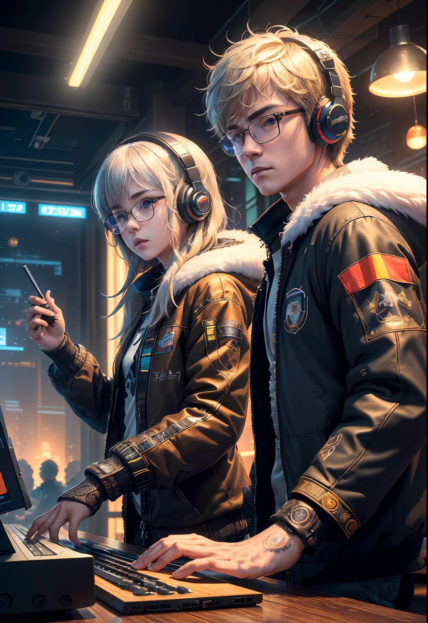 Masterpiece, Best Illustration, Solo, Multiplayer, Handsome Glasses-kun, White-haired Boy, Blonde Girl, Seated, Keyboard \ (Computer \), Fur Decoration, Computer, Monitor, Hood, Jacket, Hood Down (Chair, Headphones, City, Instrument, Cyberpunk, Wooden Toys,\(\(Intricate Details\)\), Color Details, Rainbow Color BREAK, \(\(Best Quality of Masterpiece\)\), 4K, Ultra Detail, Detailed Lighting, \((Inspired by Hayao Miyazaki)\), Official Art, Propaganda art, composition, a giant mirror ball floating in space, twinkling lights, sad lost, particles in the air, intricate fractals, detailed, (illustration), masterpiece, high resolution, best quality. Illuminate people, colorful, master composition, focus on key figures, realism, masterpiece, award-winning, best quality, masterpiece, ultra-detailed, 8K, extremely detailed CG Unity 8k wallpaper, complex, highly detailed, realistic