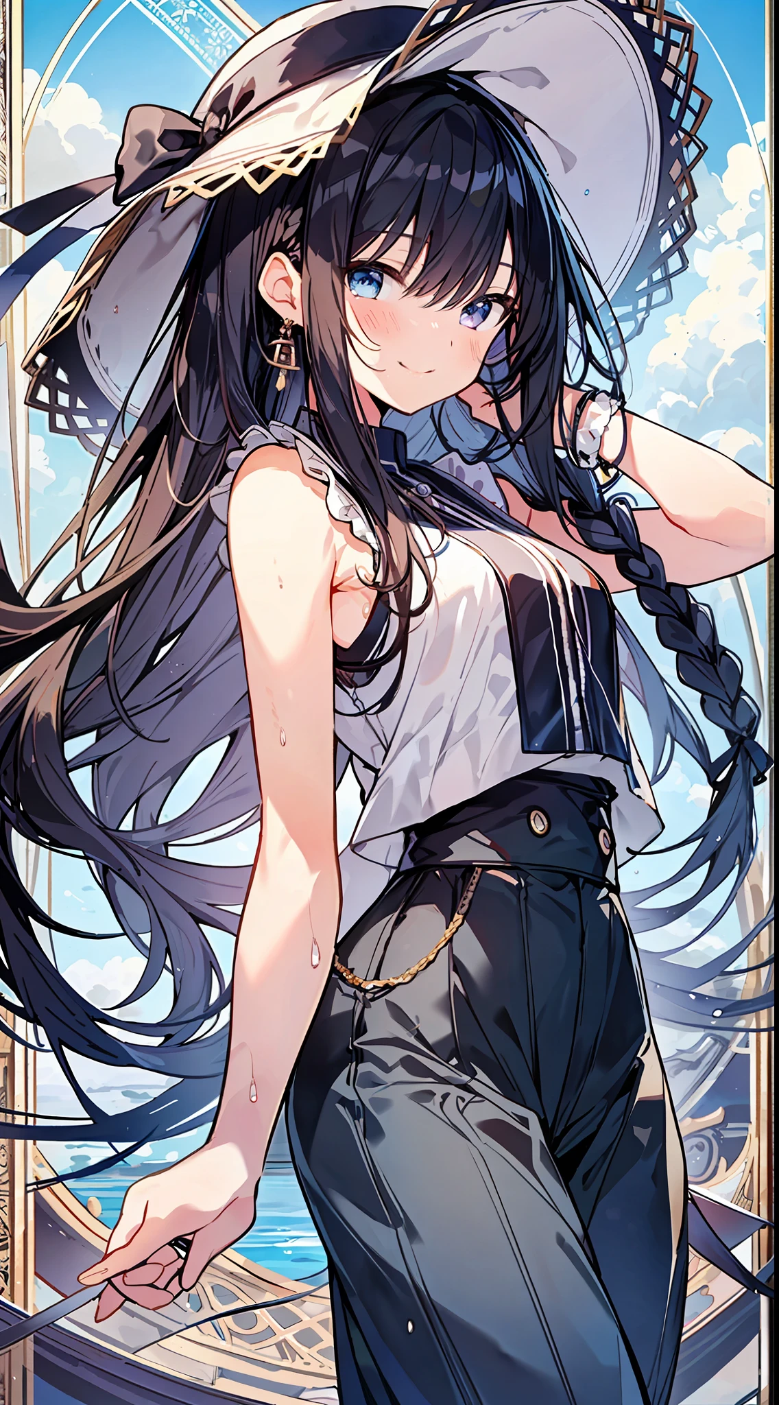 Top Quality, Masterpiece, Ultra High Definition, 8K, Summer Sky, Early Summer, (Hat, Wide Pants, Sleeveless), Shojo Manga Style , One, Soft Line Art, Digital Enhancement, Shojo Manga Touch, Shojo Manga Core, Flowing Fabric, Close Up, (Hair length to shoulders and short braids)), Wet hair, Soft drawing, Fluffy, Soft, Beautiful black hair, Clear eyes, (( Gentle smile)), ultra-detailed digital anime art, clear face depiction, ultra-detailed shoujo manga character art, clear facial features, ultra-detailed manga style, top quality colors, hand gestures, looking up at the sky, foot-up angle, zentangle: 1.3
