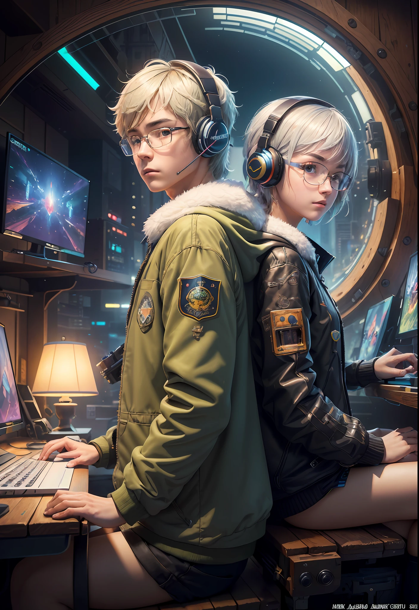 Masterpiece, Best Illustration, Solo, Multiplayer, Handsome Glasses-kun, White-haired Boy, Blonde Girl, Seated, Keyboard \ (Computer \), Fur Decoration, Computer, Monitor, Hood, Jacket, Hood Down (Chair, Headphones, City, Instrument, Cyberpunk, Wooden Toys,\(\(Intricate Details\)\), Color Details, Rainbow Color BREAK, \(\(Best Quality of Masterpiece\)\), 4K, Ultra Detail, Detailed Lighting, \((Inspired by Hayao Miyazaki)\), Official Art, Propaganda art, composition, a giant mirror ball floating in space, twinkling lights, sad lost, particles in the air, intricate fractals, detailed, (illustration), masterpiece, high resolution, best quality. Illuminate people, colorful, master composition, focus on key figures, realism, masterpiece, award-winning, best quality, masterpiece, ultra-detailed, 8K, extremely detailed CG Unity 8k wallpaper, complex, highly detailed, realistic