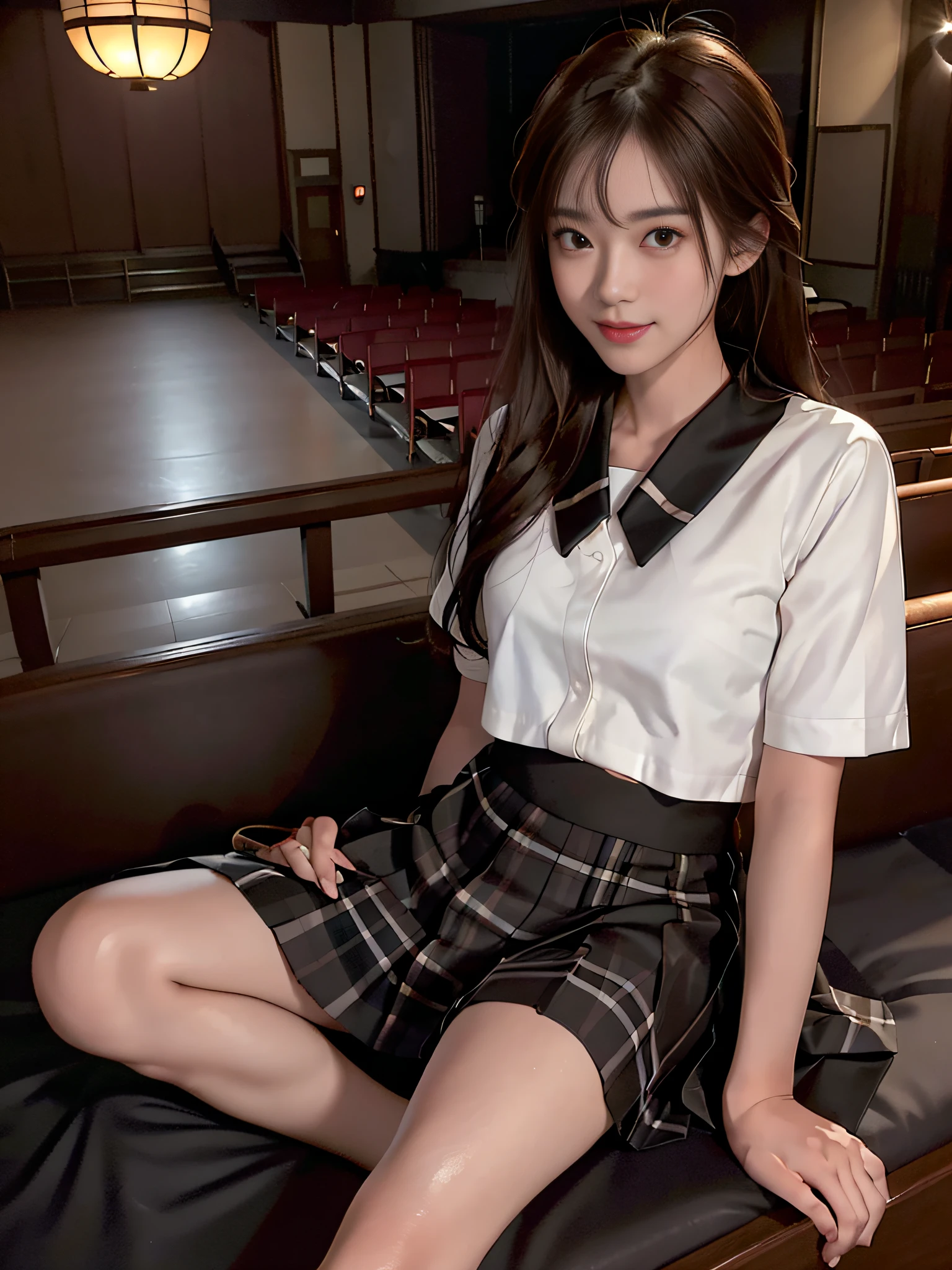 Top quality, full body profile, Golden Ratio, (Theater lighting: 0.7), Masterpiece, Angle of View, Beautiful Smile, (Tanned skin, Charming 18 years) (AdreaLee) Looking straight, mysteriously happy, sitting on a mattress, curved body (wearing Japanese school uniform). Long straight brown hair, tangle sunset, full body image, perfect face, breathtaking eyes, vivid detail (highly detailed skin). Accent lighting depth of field, old camera, conscious, digital beads, black plaid skirt, fine skin, skinny,