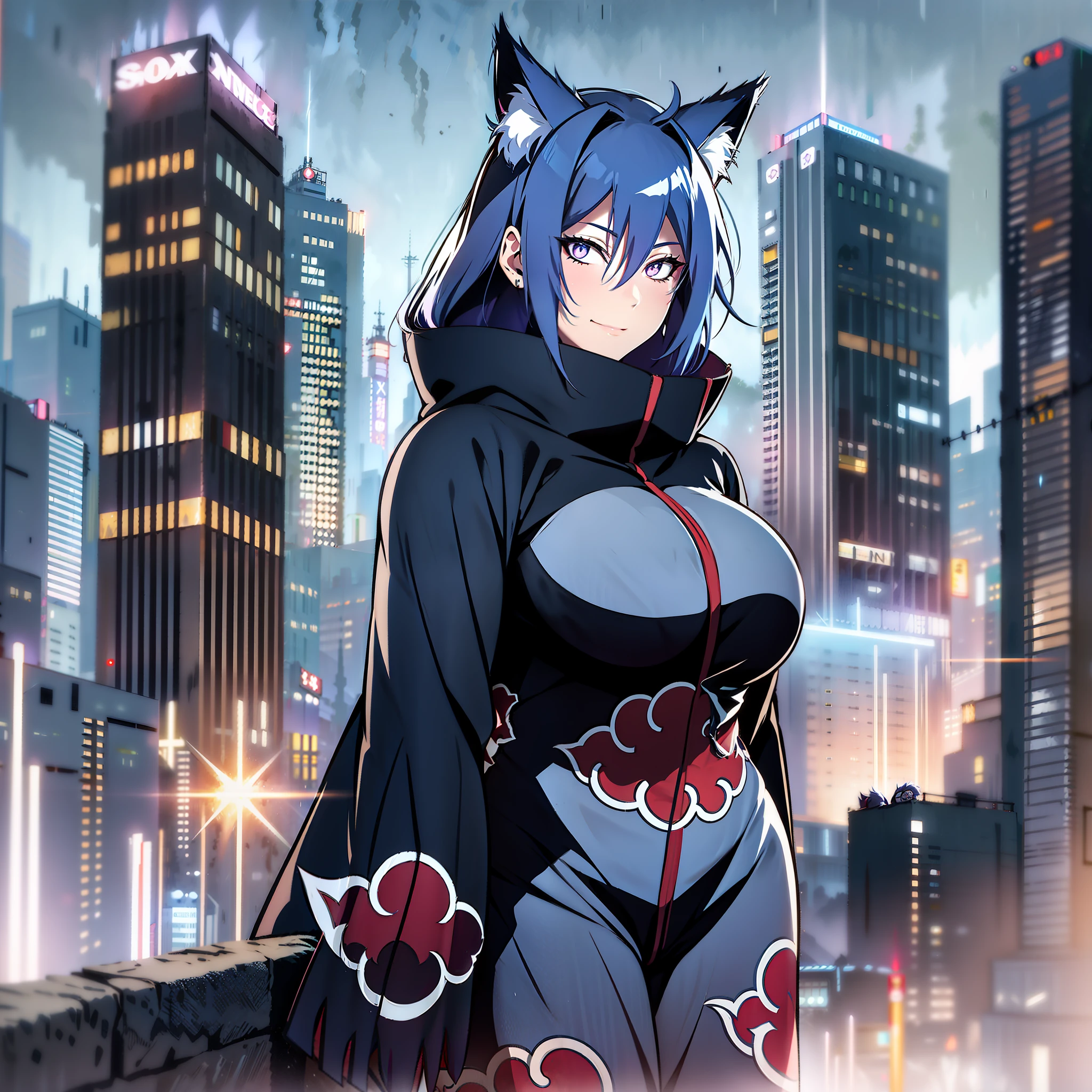 power outage, top of a building, fog, rain, heavy rain, storm, buildings in the background, night, akatsuki outfit, 1girl, big boobs, smile, short, chubby, full body, long blue hair, upper blue hair, chained lower red hair, blue fox ears, blue fox tail, big bust, gray eyes, gray pupils, purple kimono, black knee length shorts,  scanned, , Hedda Sterne