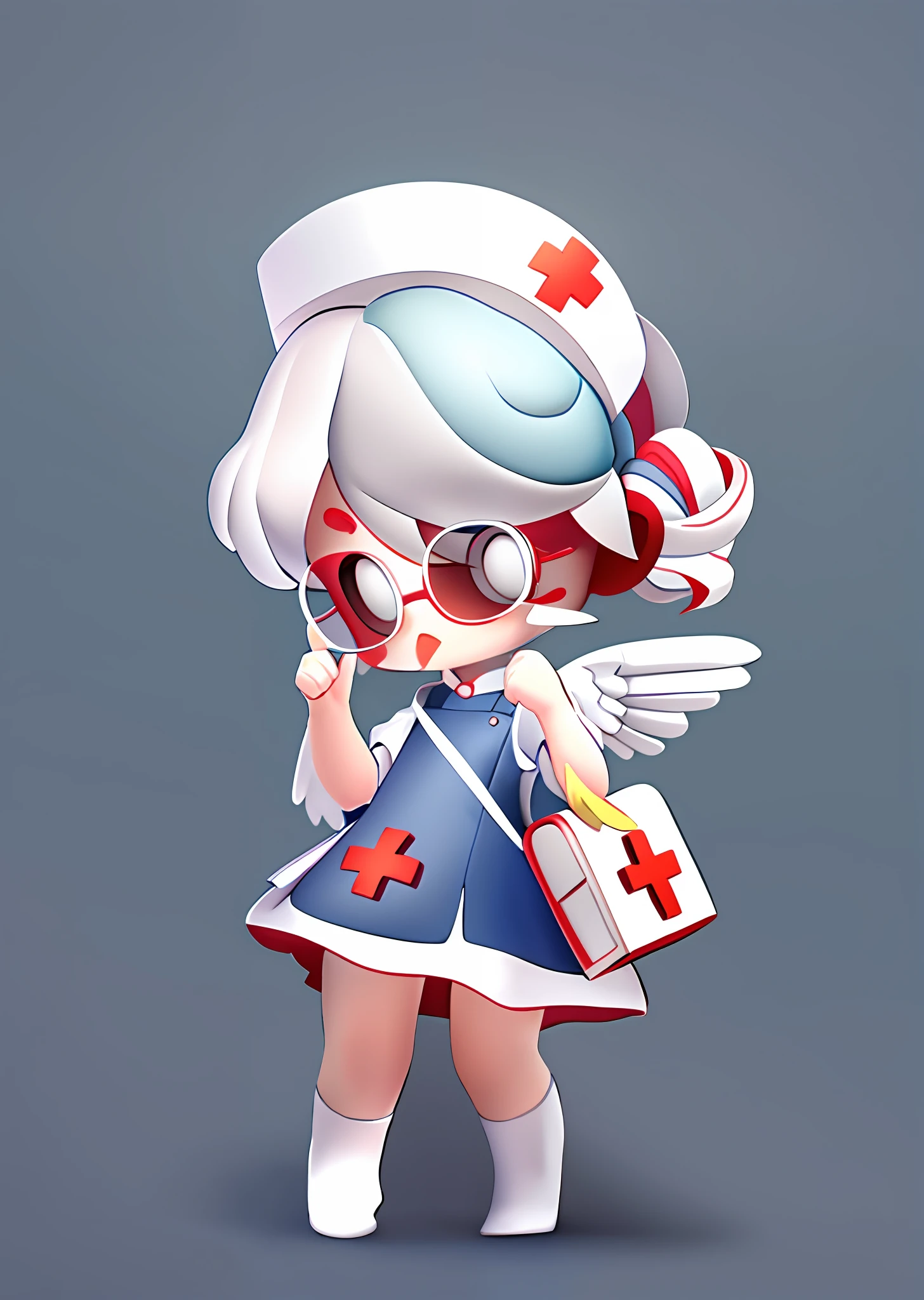 (Digital painting), (C4D), delicate material, white pigment, a doll of a girl wearing a nurse's hat, a bird's mouth, white glasses, white feathers on the face and arms, white wings on the back, carrying a white nurse bag, the overall color is white