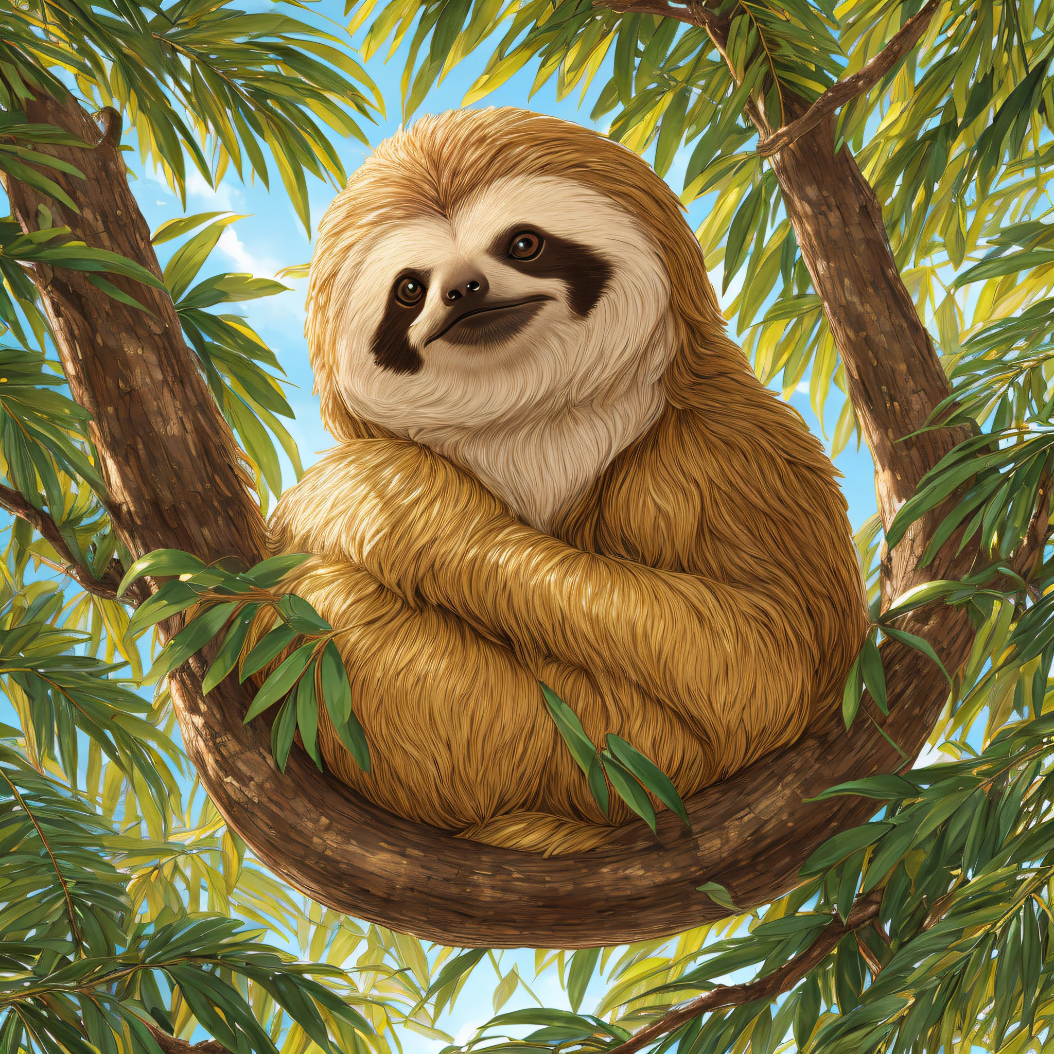 Golden Sloth: This NFT is a unique specimen from our collection and features a golden sloth in a lush environment. The image depicts the sloth resting on a tree branch, with its bright, symbolic fur capturing the sunlight. Striking details have been meticulously crafted to emphasize a realistic texture and the sheen of gold. The Golden Sloth represents peace, appreciation and serenity, as well as exhibiting an aesthetic aesthetic. --auto --s2