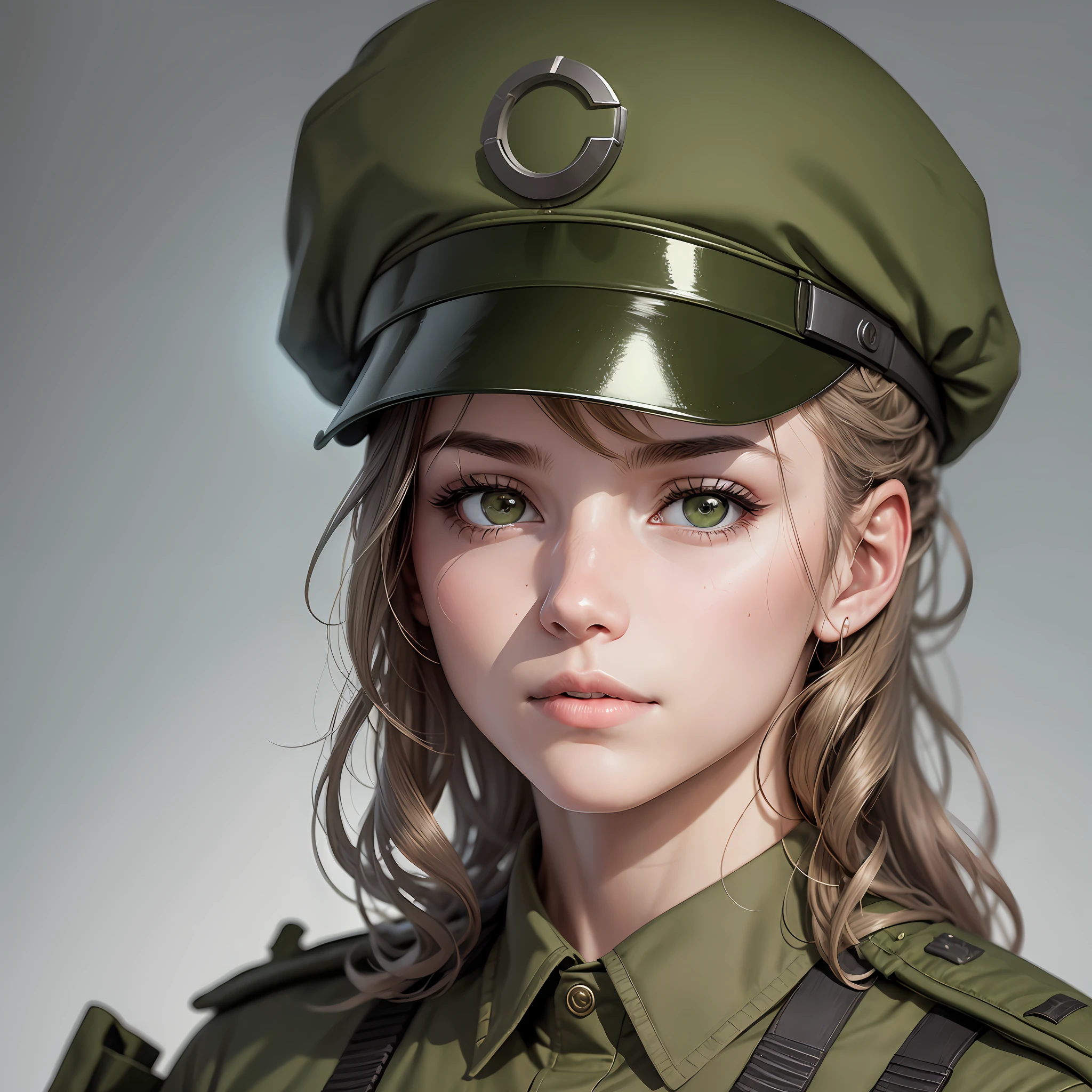 A photograph of a female soldier, from the front, the uniform is army green with the number 047 written on the clothes --auto --s2