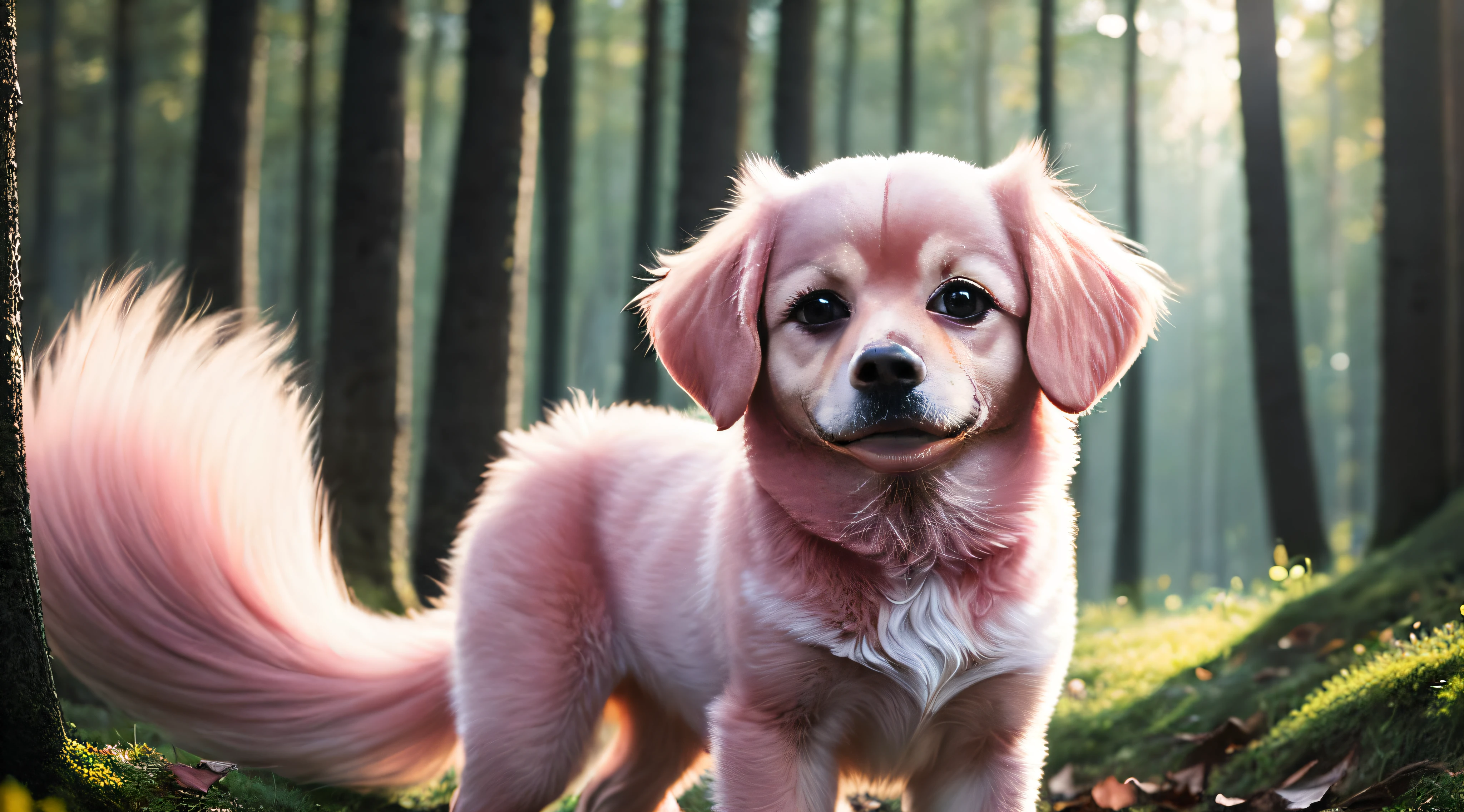 Close-up photo of a very cute pink dog in the woods, pink, soft volumetric lighting, (backlight: 1.3), (video: 1.2), intricate detail, (ArtStation: 1.3), rutkowski, smile,