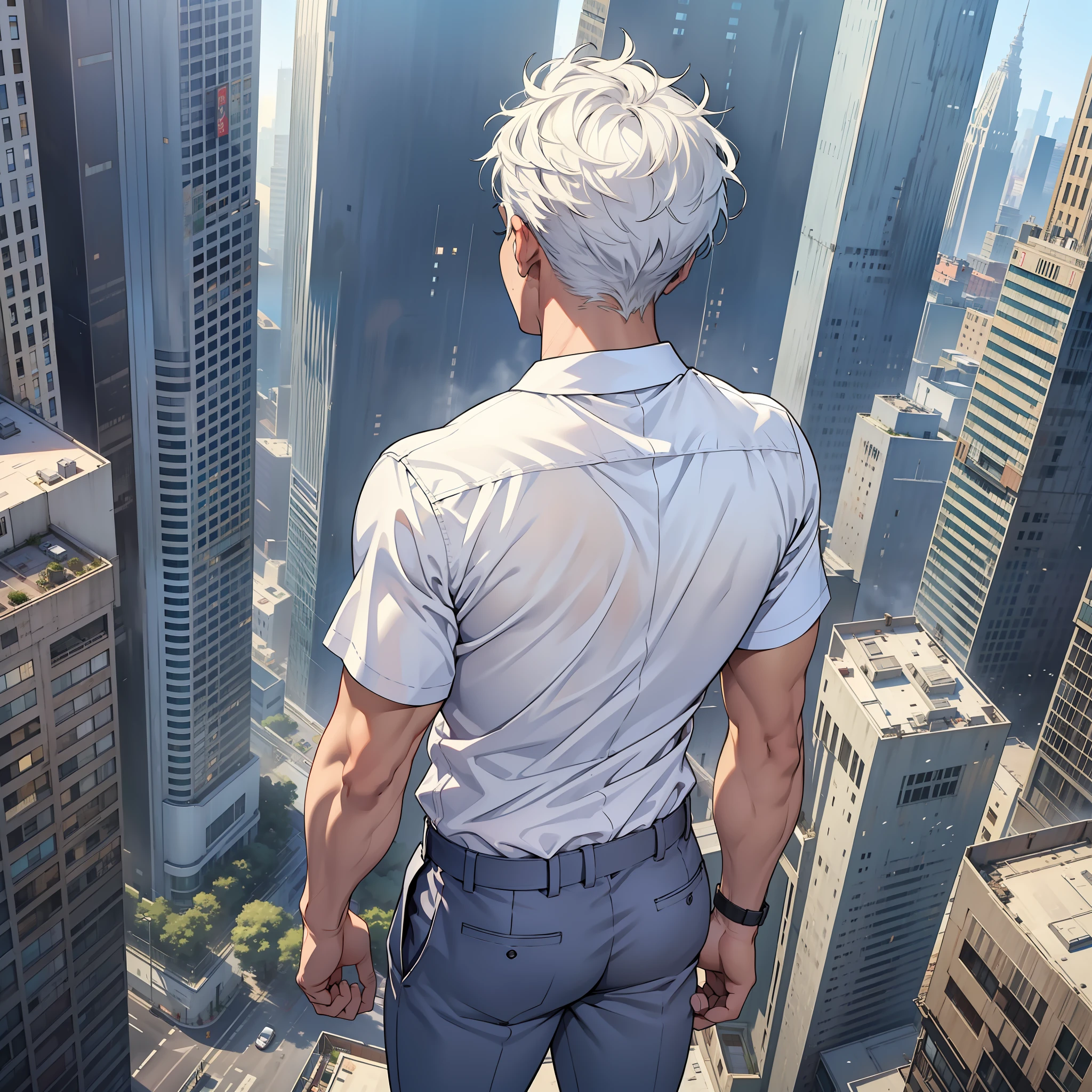 ((realistic: 1.5)),((best quality)), ((masterpiece)),((detailed)), man, back, on top of building, white hair, short, white shirt, pants, looking down, city building