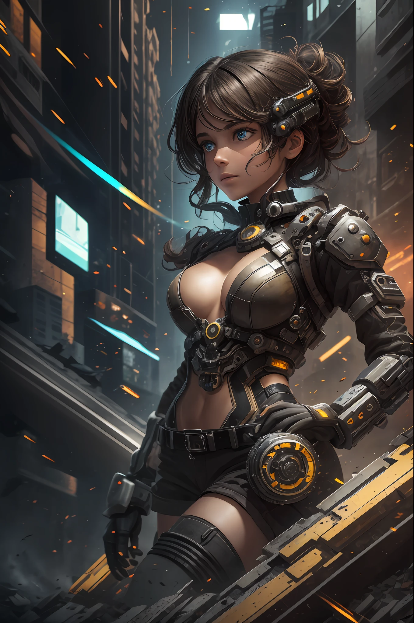 A mysterious woman emerges in a dystopian and confusing setting. Her body is made up of watch guest parts, merging perfectly with her skin. Each gear rotates continuously, creating a constant mechanical motion. It is surrounded by a chaotic landscape, with collapsed buildings, streets littered with debris and a soaring sky. The expression on his face is enigmatic, reflecting the duality between humanity and technology. --auto --s2