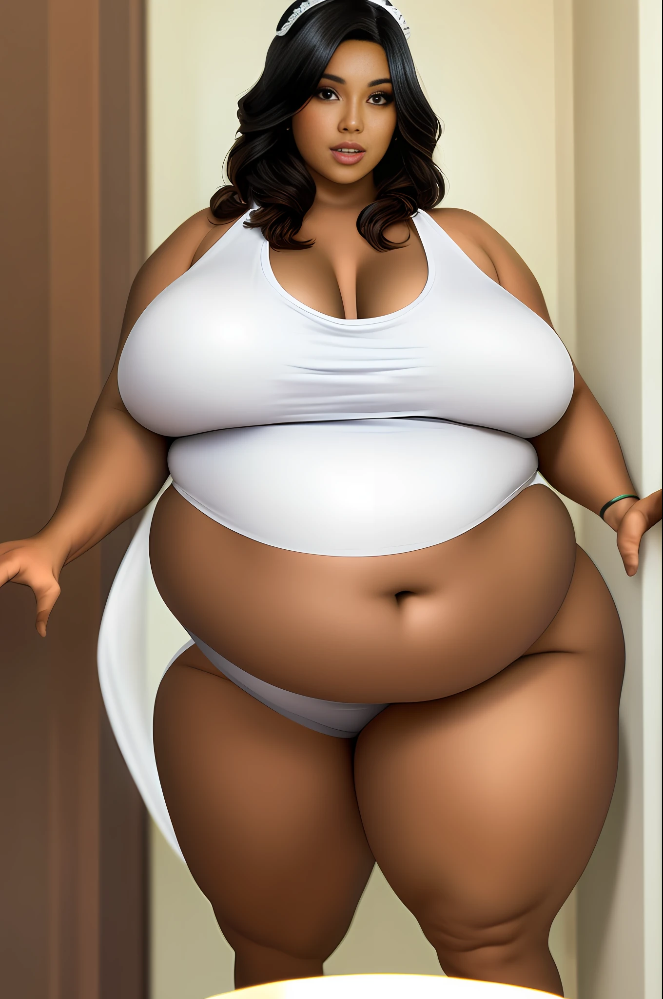 (portrait:1.3), African-Nigerian roots, dark hair, afro hair, brown eyes, face expression. (sexy:1.33), (Flirting, amorous gaze,, desire), ((natural skin texture)),
Show tits, (bare breast:1.3), (Medium breast:1.22), huge ass, thin,, shy,,
Dressed in a (white maid costume),
Standing in the hallway of the house,
((high angle,sharp focus)),(redshift style),
raw photo, hdr, rtxseries, 4K, 8K, HD, ((ultra realistic photo, best quality, masterpiece, realistic,best shadow,best illumination,finely detail,)), black border, anime character, high detail, high quality, intricate, details, beautiful, dynamic light, hyper realistic lifelike texture, ramatic lighting unreal engine trending on artstation, fat, plump