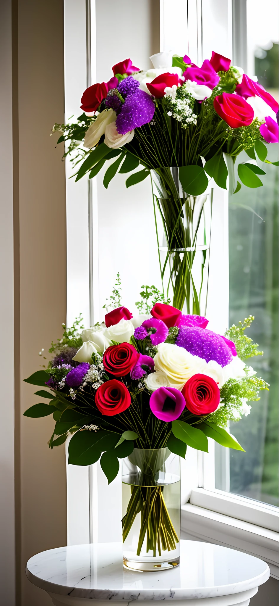 There is a beautiful moving woman standing next to the vase, elegant composition, vase body swan design and flowers, red pink, red, white flower bouquet, on the pedestal, woman in flowers, Anna Nikonova, catalog photo, charming composition, nostalgic atmosphere, on marble pedestal, elegant flowers, standing gracefully, Alexandra Formina, lots of light, floral artwork association, lens focused bouquet, 50mm hyper-detail composition