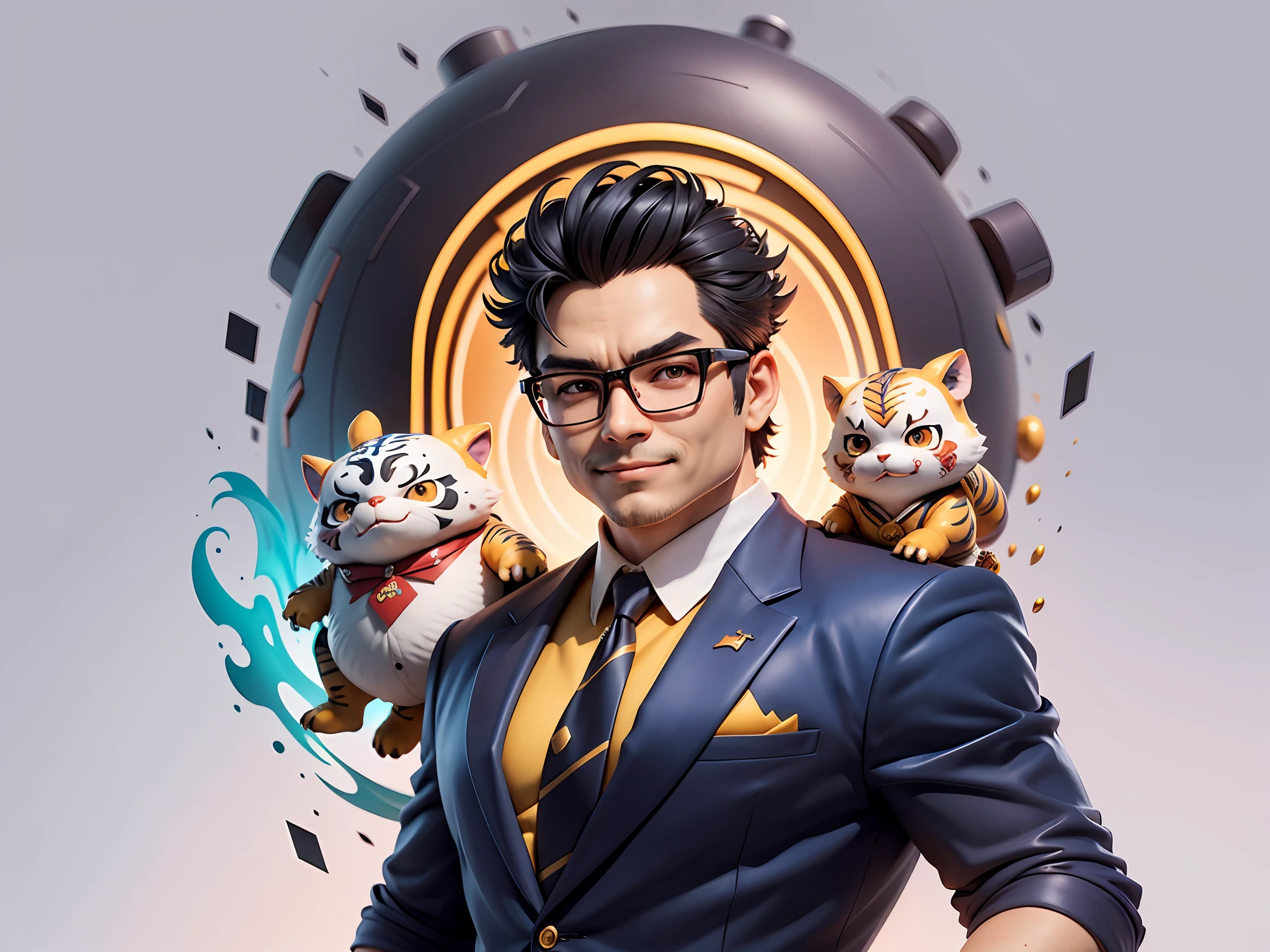 (Masterpiece), (Extreme Quality), (Super Meticulous), (Full Body: 1.2), Super Young Man, Chinese Dragon, Tiger, Wind God Thor, Sexy, Bursting, Oriental Face, TV Anchor, Bust Portrait Illustration, Black Formal Suit, Blue Tie, Slightly Chubby Face, Silver Glasses, Very Clean Face, No Beard on Chin, Black Super Short Hair, Black Eyes, Confident Smile, 3c Computer Sub-Products, iPad, iPhone, Digital Painting, 3D Character Design by Mark Claireden and Pixar and Hayao Miyazaki and Akira Toriyama, The illustration is a high-definition illustration in 4K resolution with very detailed facial features and cartoon-style visuals.