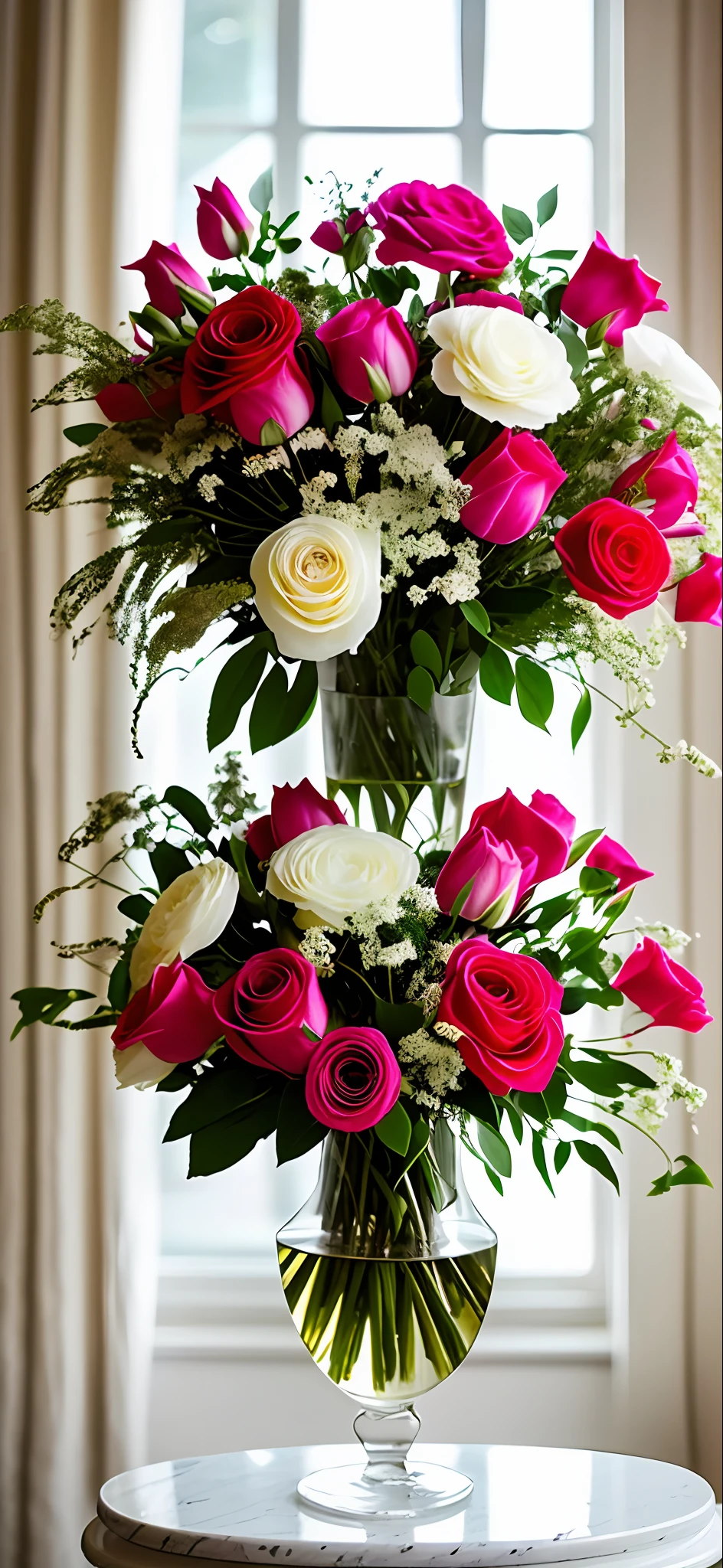 There is a beautiful moving woman standing next to the vase, elegant composition, vase body swan design and flowers, red pink, red, white flower bouquet, on the pedestal, woman in flowers, Anna Nikonova, catalog photo, charming composition, nostalgic atmosphere, on marble pedestal, elegant flowers, standing gracefully, Alexandra Formina, lots of light, floral artwork association, lens focused bouquet, 50mm hyper-detail composition