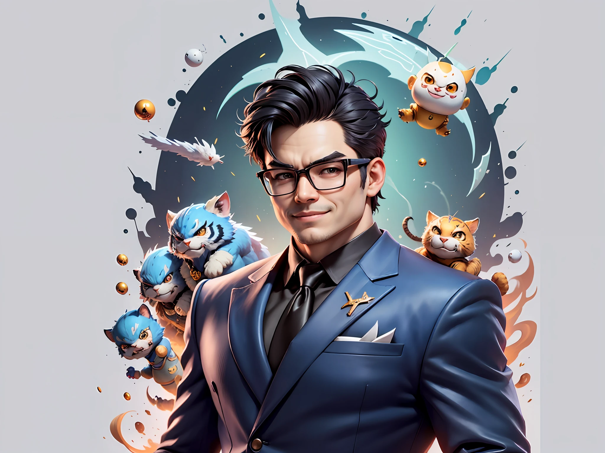(Masterpiece), (Extreme Quality), (Super Meticulous), (Full Body: 1.2), Super Young Man, Chinese Dragon, Tiger, Wind God Thor, Sexy, Bursting, Oriental Face, TV Anchor, Bust Portrait Illustration, Black Formal Suit, Blue Tie, Slightly Chubby Face, Silver Glasses, Very Clean Face, No Beard on Chin, Black Super Short Hair, Black Eyes, Confident Smile, 3c Computer Sub-Products, iPad, iPhone, Digital Painting, 3D Character Design by Mark Claireden and Pixar and Hayao Miyazaki and Akira Toriyama, The illustration is a high-definition illustration in 4K resolution with very detailed facial features and cartoon-style visuals.
