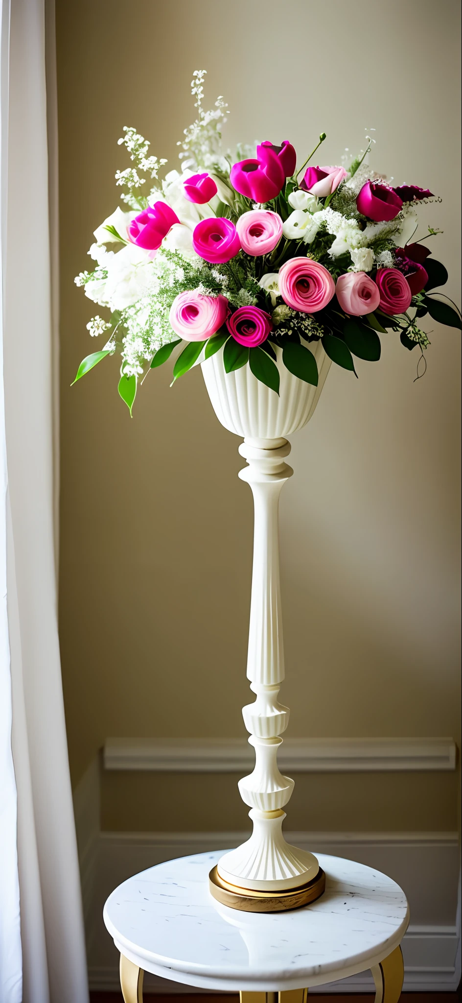 There is a beautiful moving woman standing next to the vase, elegant composition, vase body swan design and flowers, red pink, red, white flower bouquet, on the pedestal, woman in flowers, Anna Nikonova, catalog photo, charming composition, nostalgic atmosphere, on marble pedestal, elegant flowers, standing gracefully, Alexandra Formina, lots of light, floral artwork association, lens focused bouquet, 50mm hyper-detail composition