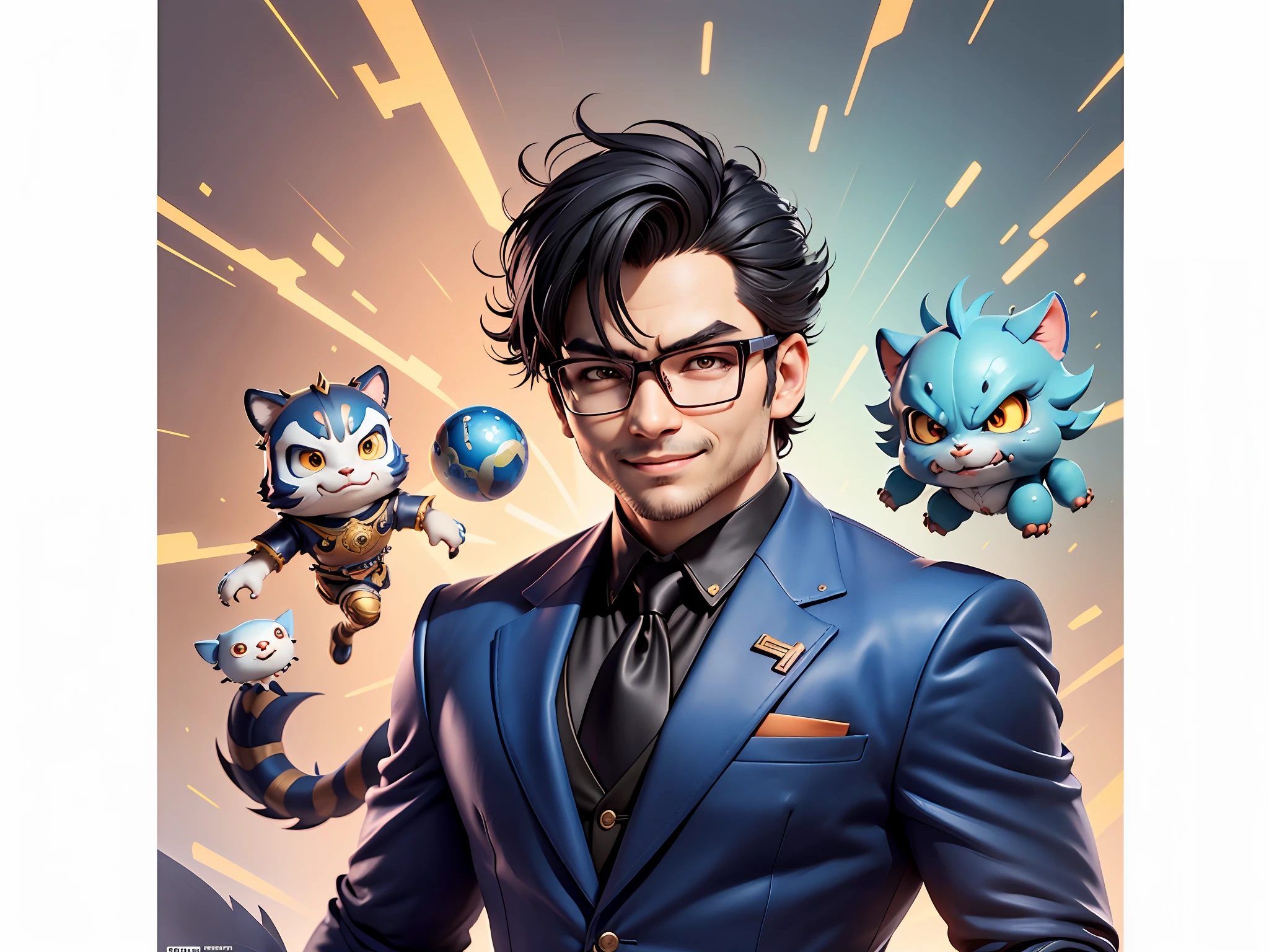 (Masterpiece), (Extreme Quality), (Super Meticulous), (Full Body: 1.2), Super Young Man, Chinese Dragon, Tiger, Wind God Thor, Sexy, Bursting, Oriental Face, TV Anchor, Bust Portrait Illustration, Black Formal Suit, Blue Tie, Slightly Chubby Face, Silver Glasses, Very Clean Face, No Beard on Chin, Black Super Short Hair, Black Eyes, Confident Smile, 3c Computer Sub-Products, iPad, iPhone, Digital Painting, 3D Character Design by Mark Claireden and Pixar and Hayao Miyazaki and Akira Toriyama, The illustration is a high-definition illustration in 4K resolution with very detailed facial features and cartoon-style visuals.