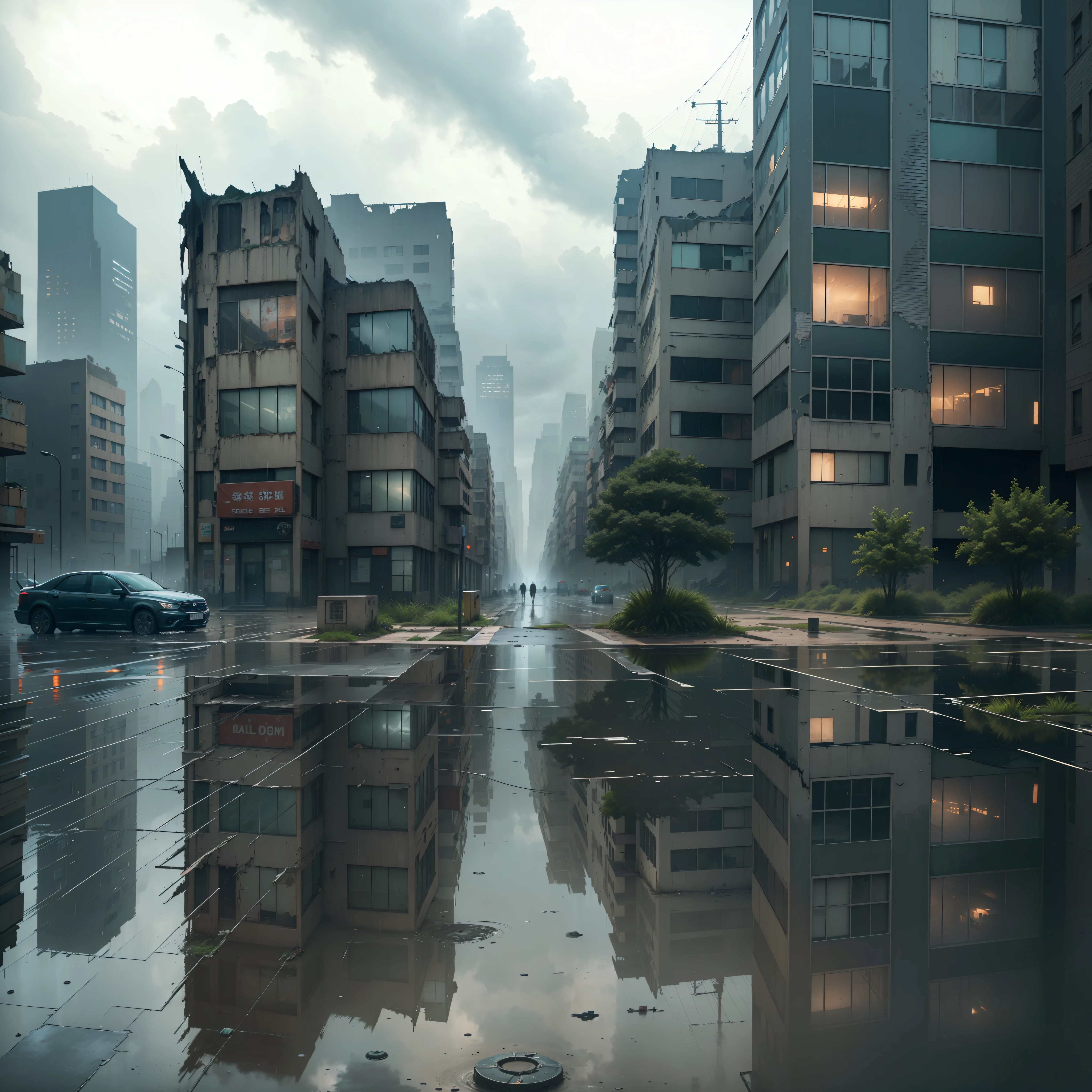 In the abandoned futuristic city, the gloomy sky is shrouded in thick dark clouds, and thin rain strands slowly fall from the sky. The streets of the city are filled with a bleak and desolate atmosphere. The facades of high-rise buildings have faded to their former glory and are covered with thick dust and moss, as if their once glorious history has been overwhelmed by the winds and rains of time.
There was no sound on the empty streets, only the echo of raindrops falling on dilapidated buildings and deserted streets. Most of the buildings have collapsed, leaving only ruins and deserted roads. Tarragged signboards sway and groan in the wind, once bustling commercial centers, have become forgotten symbols.
Abandoned vehicles are scattered around the city, rusty, and tires have been corroded to the point of being unwalkable. The grass and trees are in stark contrast to the concrete buildings, which tenaciously grow among the ruins of the city, and seem to silently speak of the tenacity of life.
Rain continues to drip onto the wreckage of abandoned cities, creating numerous puddles and quagmire. The surface of the water reflects the grayness of the sky and the reflection of dilapidated buildings, giving a hazy and melancholy feeling. The dull sound of raindrops hitting the tin roofs seemed to be the last groaning of the city.
The abandoned futuristic city is raining, presenting a bleak, lonely scene. It is once a symbol of prosperity and vitality, but now it is a symbol of desolation and oblivion, and the relentless rain relentlessly washes away the glory of the past, smoothing everything into a gloomy future. --auto --s2