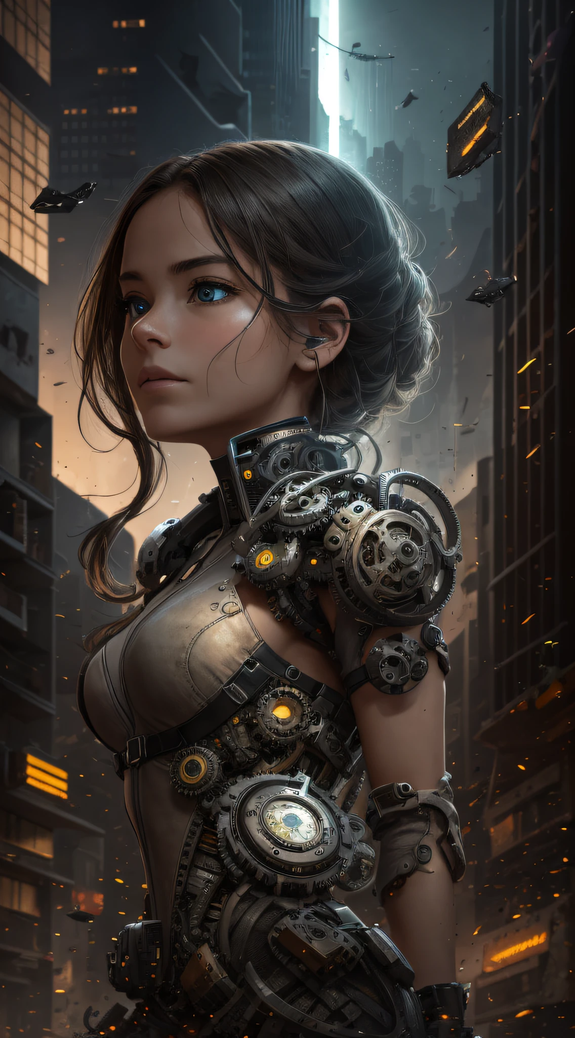 A mysterious woman emerges in a dystopian and confusing setting. Her body is made up of watch guest parts, merging perfectly with her skin. Each gear rotates continuously, creating a constant mechanical motion. It is surrounded by a chaotic landscape, with collapsed buildings, streets littered with debris and a soaring sky. The expression on his face is enigmatic, reflecting the duality between humanity and technology. --auto --s2