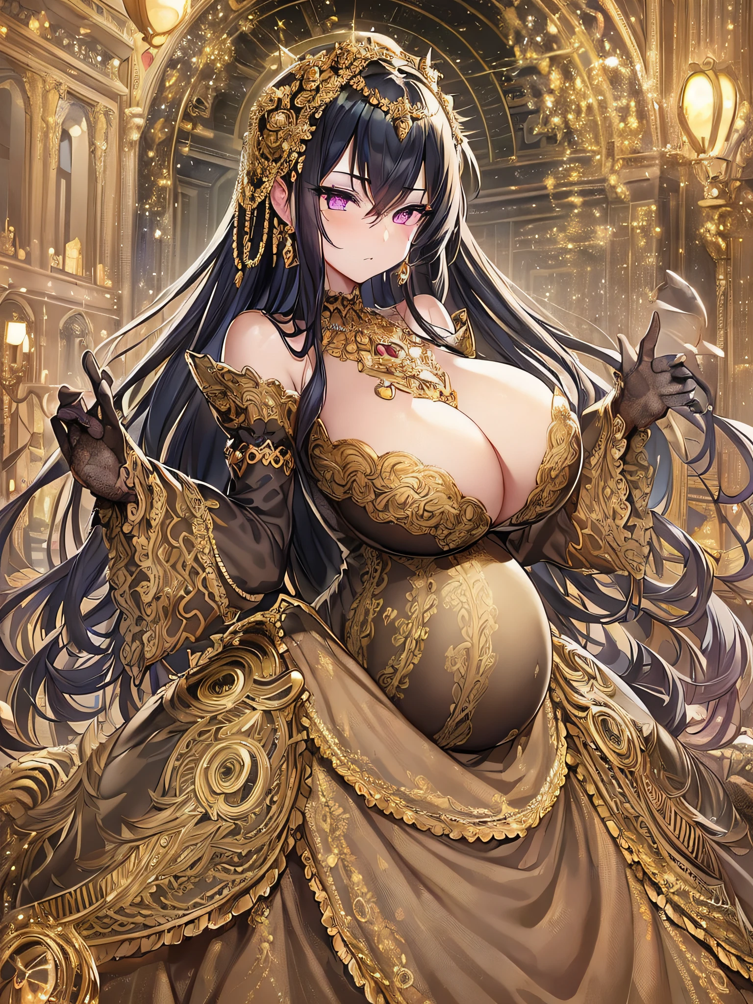 ((anime moe artstyle)),((Masterpiece)), (Best Quality), (Super Detail), Illustration, (((Very Delicate and Beautiful))),Dynamic Angle,Looking at viewer,((((Solo)))),(((Full body))),(((1 arrogant pregnant empress attending a ball wearing gorgeous black ballgown))),((((heavily pregnant)))),(standing),(((arrogant))),((angry)),(((blash))),(Purple eyes),Sharp eyes,Detailed Face, Long Eyelashes,(Jet Black Hair),((Straight Hair,Very Long Hair)),((Bangs between eyes)),((((gigantic breasts,Huge breasts,Bulging breasts,Long breasts)))),cleavage,((skindentation)),curvy,See-through,(((luxurious lace and ruffled black and gold rococo ballgown adorned with abundant jewels and gorgeous embroidery))),(((voluminous black and gold rococo dress with a flared hemline))),(fluffy rococo ball gown with gorgeous embroidery and lace),((gold trim)),(((hoop skirt))),long skirt,corset,crinoline,opera gloves,Beautifully Gorgeous jeweled big tiara,Beautifully Gorgeous gem earrings,Beautifully Gorgeous jeweled necklace,Beautifully Gorgeous jeweled ornaments,indoor,light particles,((royal ballroom)),castle ball