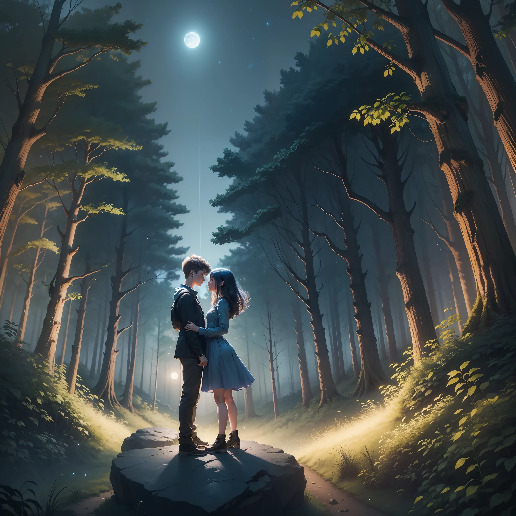 teenage boy and girl kissing, amidst the woods, standing on an ancient rock, perfect body, beautiful face ,night, blue moon, dense forest, ultra high quality, fireflies, magical, mysterious, love, romantic, blue moon, photo realistic, silhouette, ultra hd, fireflies in the background,
