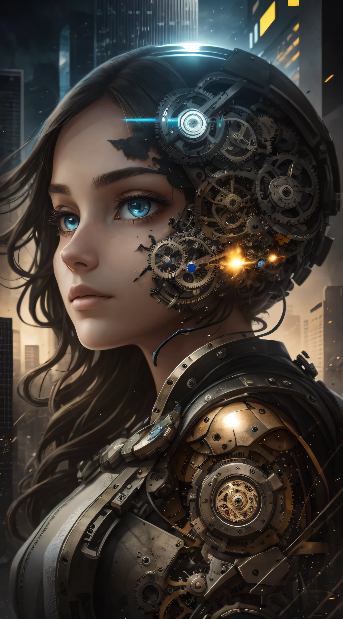 A mysterious woman emerges in a dystopian and confusing setting. Her body is made up of watch guest parts, merging perfectly with her skin. Each gear rotates continuously, creating a constant mechanical motion. It is surrounded by a chaotic landscape, with collapsed buildings, streets littered with debris and a soaring sky. The expression on his face is enigmatic, reflecting the duality between humanity and technology. --auto --s2