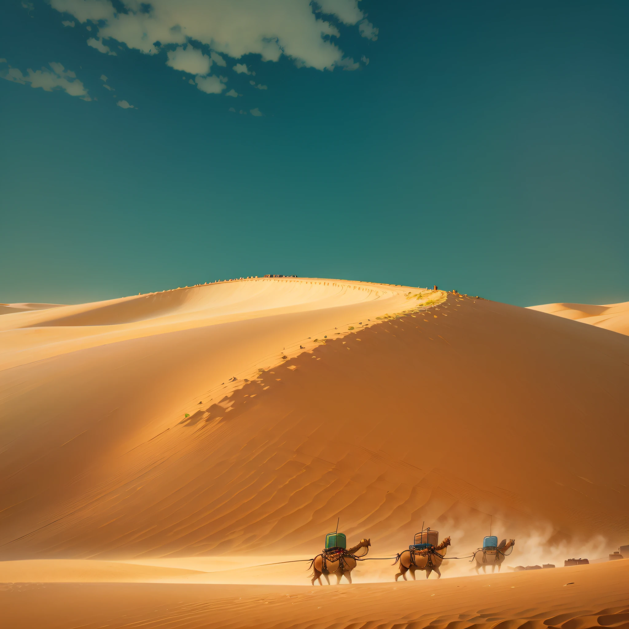 (Distant Silk Road Beauty: 1.2, Distant: 1.1) Rolling sand dunes, distant Arabian camel caravans, a distant Silk Road. Blue sky --auto --s2