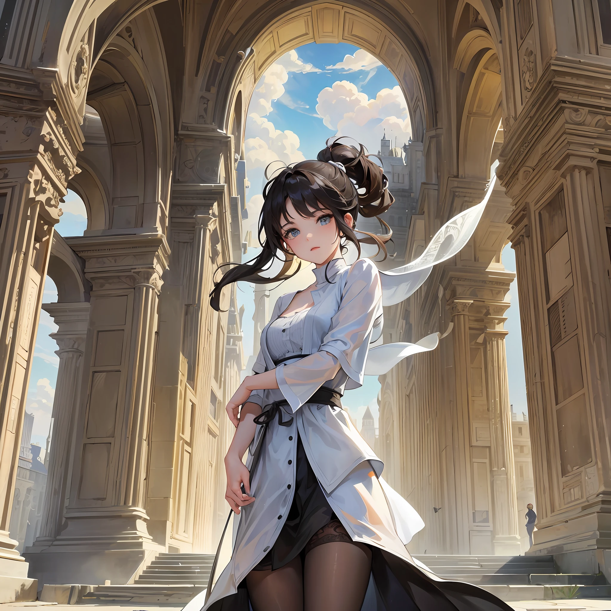 Best quality, with a thick mist against the background, in the center of which an arch presents an ancient Roman style building with elements such as sculptures, frescoes and columns. The details of the arch are revealed in the blur, and standing in the center of the arch is a young girl wearing a long flowing dress and her hair fluttering in the wind. Her silhouette is clearly visible, and the girl is holding a weapon or magic weapon. In the background, other styles of buildings appear in the form of silhouettes, and only their general shapes, such as towers, churches, markets, etc., can be seen, giving a feeling of intricacies and full of unknowns. The entire cover presents a mysterious and adventurous scene through a combination of mist, arches, girls and architecture --auto --s2