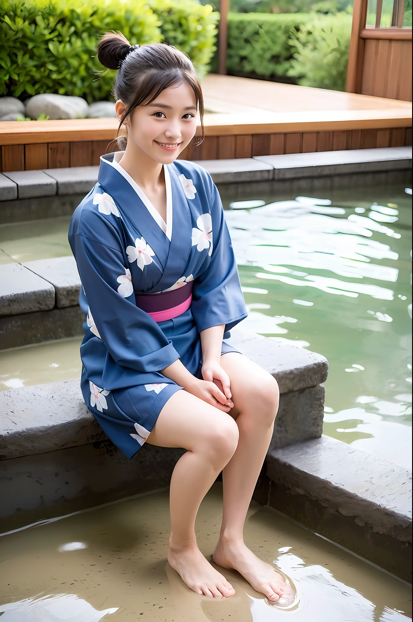 ((Ponytail girl in yukata and white panties)),Teenager,Little smile,Sitting,Onsen,Feet soaking in hot spring