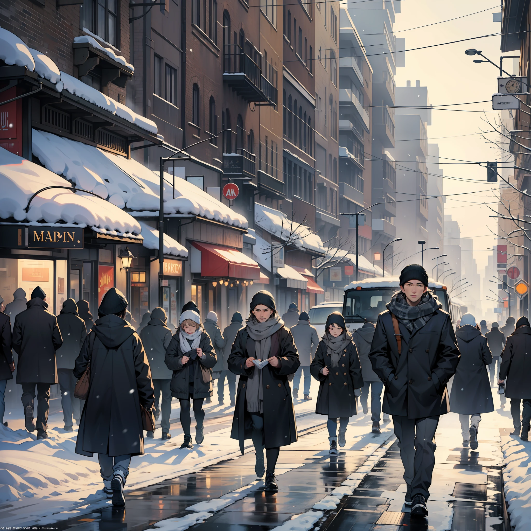((realistic: 1.5)),((best quality)), ((masterpiece)),((detailed)), moving street, snow, people walking on the street, urban city