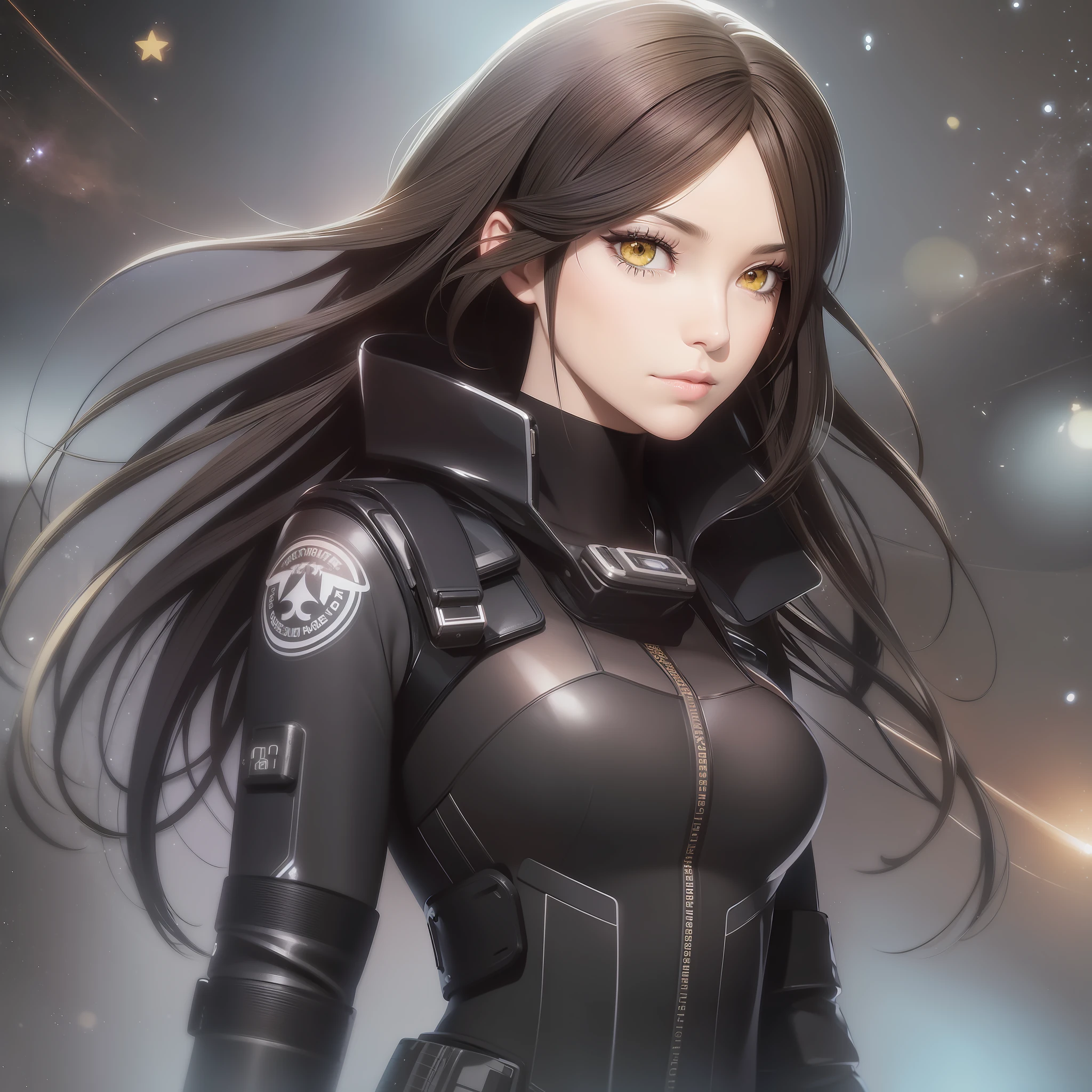 Adult woman in black spacesuit, long hair and messy brown, yellow eyes, blurred makeup, stepping out of a spaceship. Best quality, high detail, high contrast, color