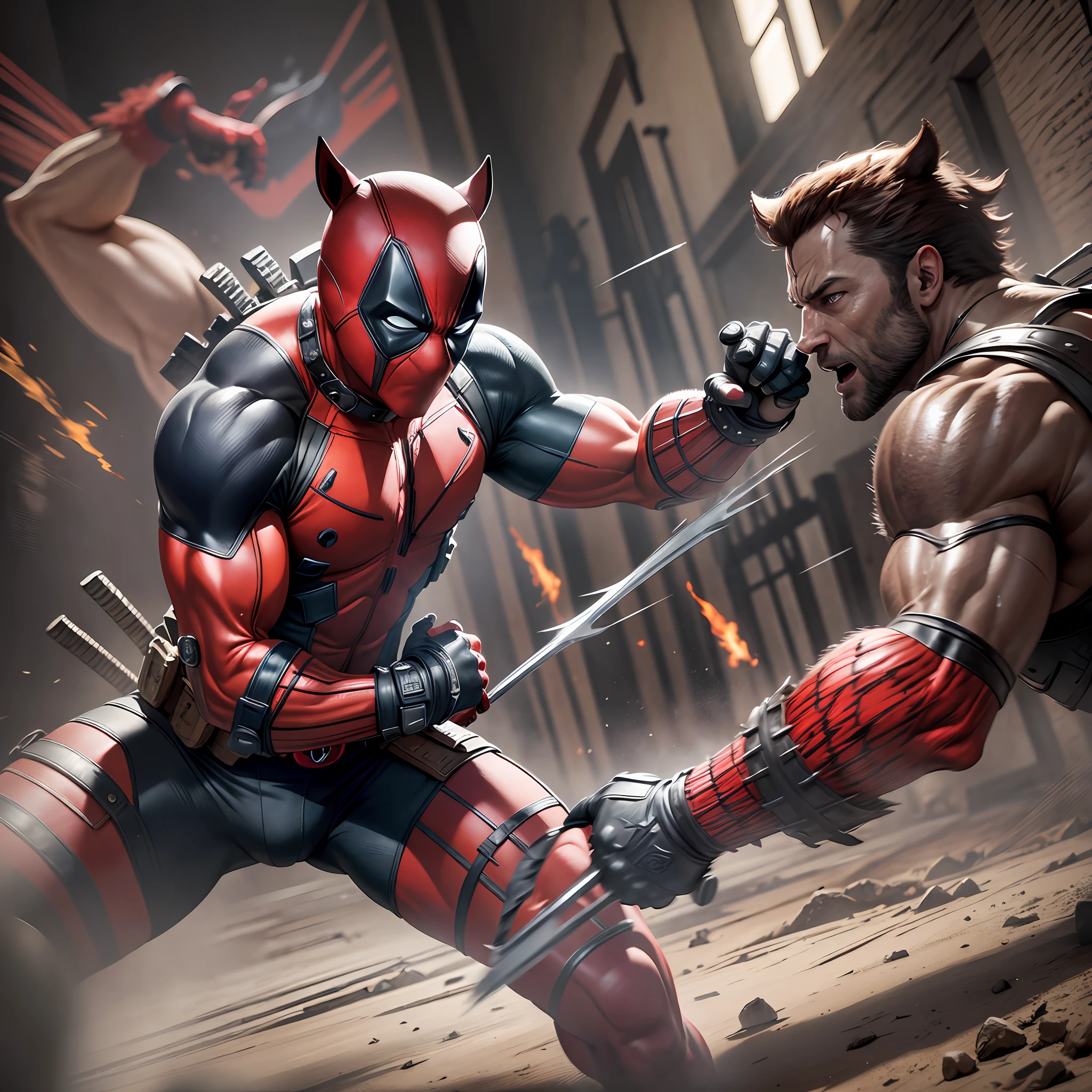 Best quality, masterpiece, ultra high res, (photorealistic: 1.4), raw photo, deadpool fighting with wolverine --auto --s2