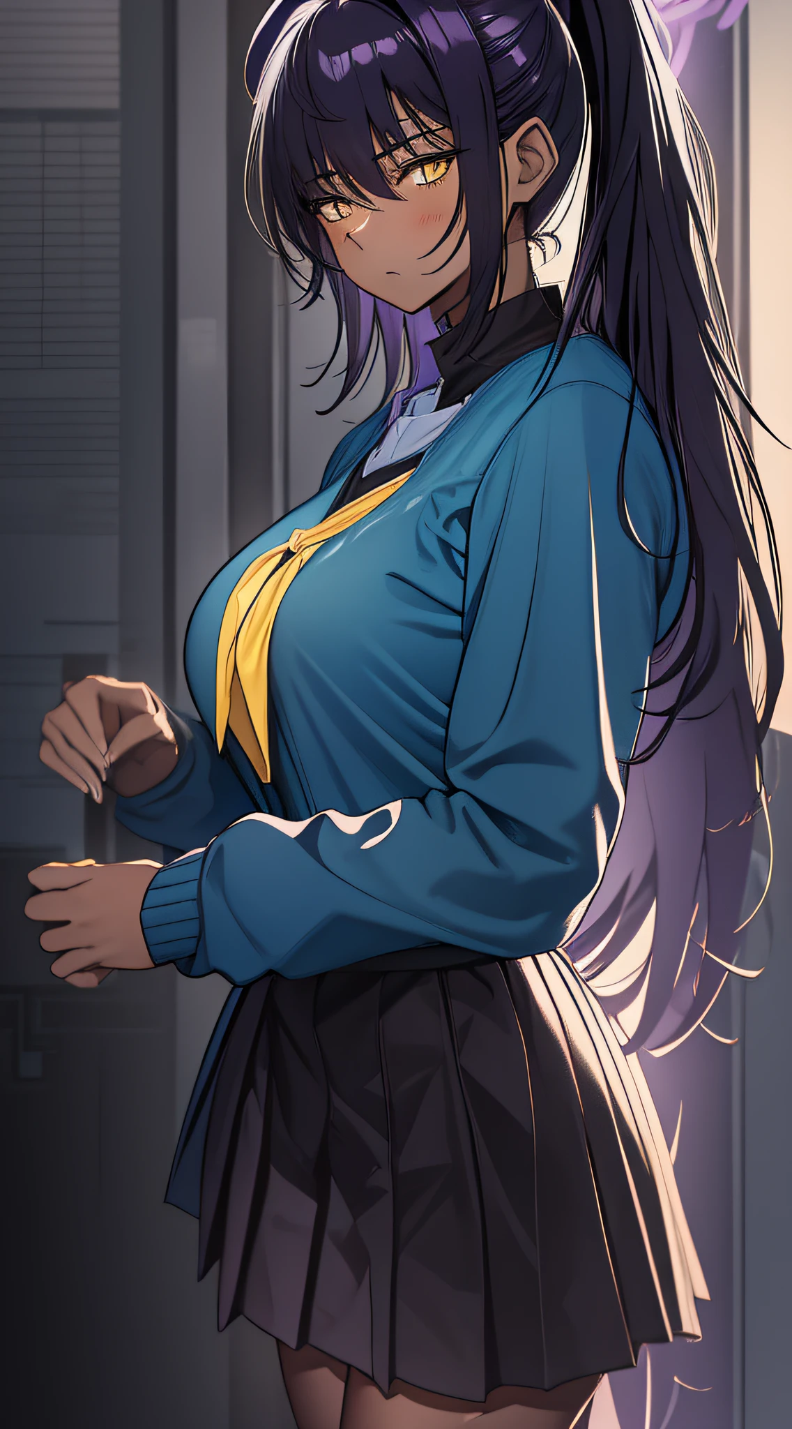 Woman, Karin (Blue Archive), one woman, glaring, brown skin, blush, black hair, purple hair, long hair, straight hair, yellow eyes, ponytail, school uniform, blue sweater, black collar shirt, standing figure, halo,