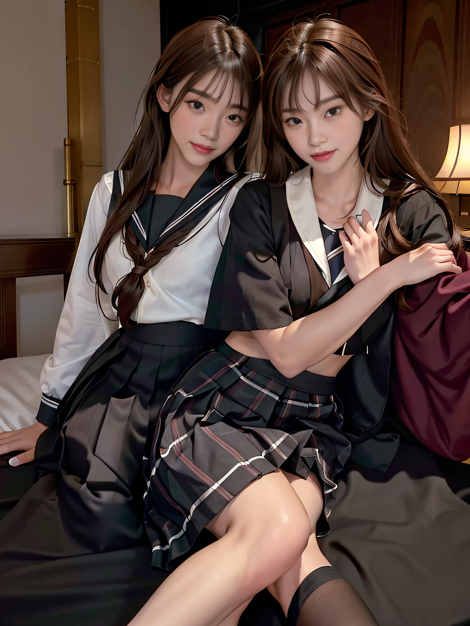 Top quality, full body profile, Golden Ratio, (Theater lighting: 0.7), Masterpiece, Angle of View, Beautiful Smile, (Tanned skin, Charming 18 years) (AdreaLee) Looking straight, mysteriously happy, sitting on a mattress, curved body (wearing Japanese school uniform). Long straight brown hair, tangle sunset, full body image, perfect face, breathtaking eyes, vivid detail (highly detailed skin). Accent lighting depth of field, old camera, conscious, digital beads, black plaid skirt, fine skin, skinny,